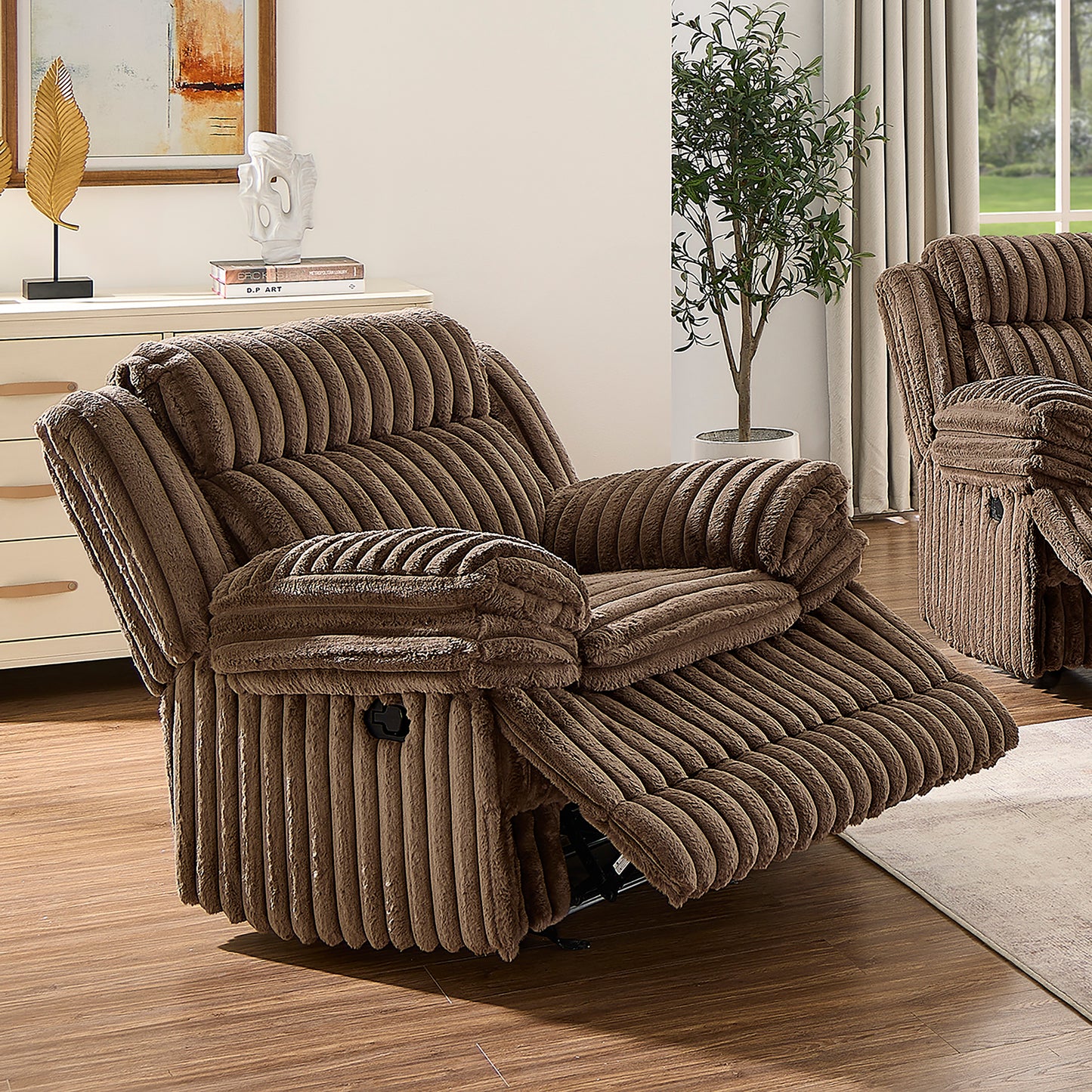 Roundhill Furniture Ardello Reclining Living Room Collection, Corduroy Upholstery, with Built-In Power Center, and Storage Console, Chocolate