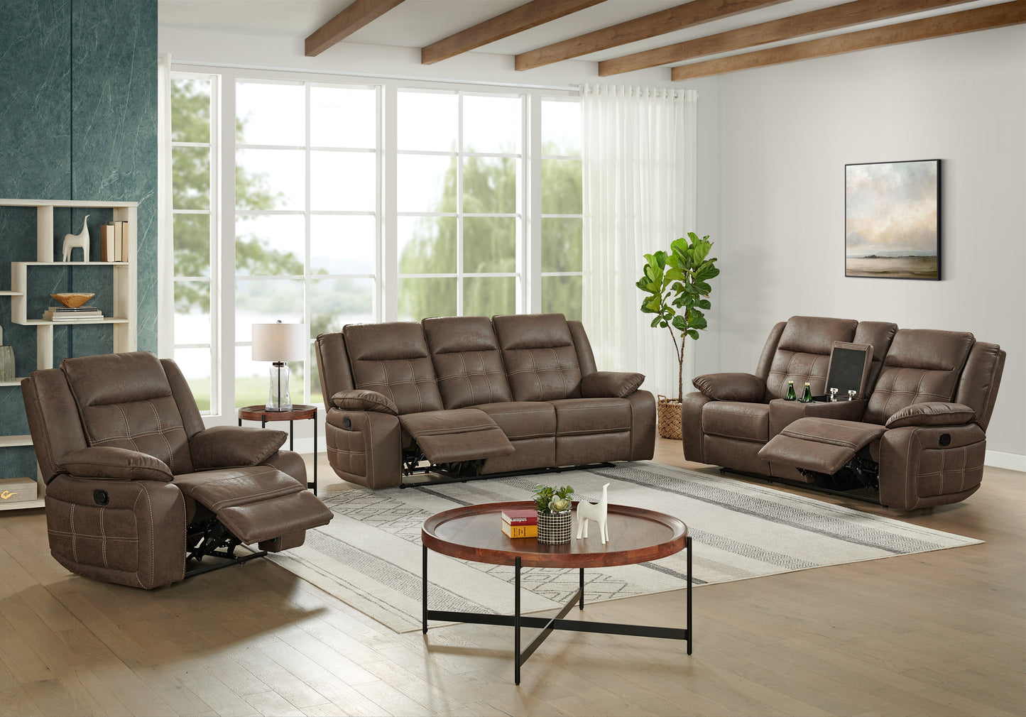 Lesley Transitional Living Room Reclining Collection, Sofa Loveseat and Recliner, Brown