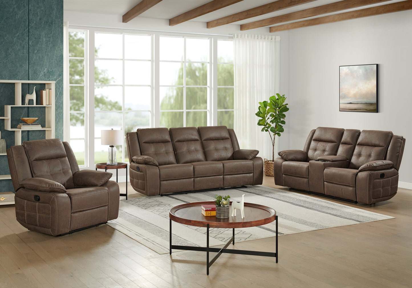 Lesley Transitional Living Room Reclining Collection, Sofa Loveseat and Recliner, Brown