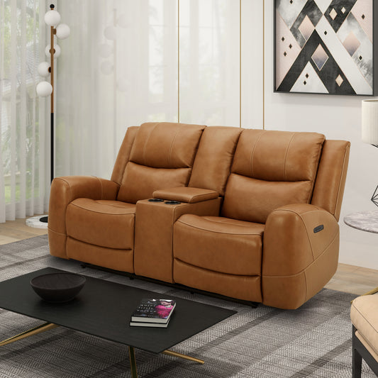 Roundhill Furniture Cozura Leather Power Dual Recling Loveseat with Console