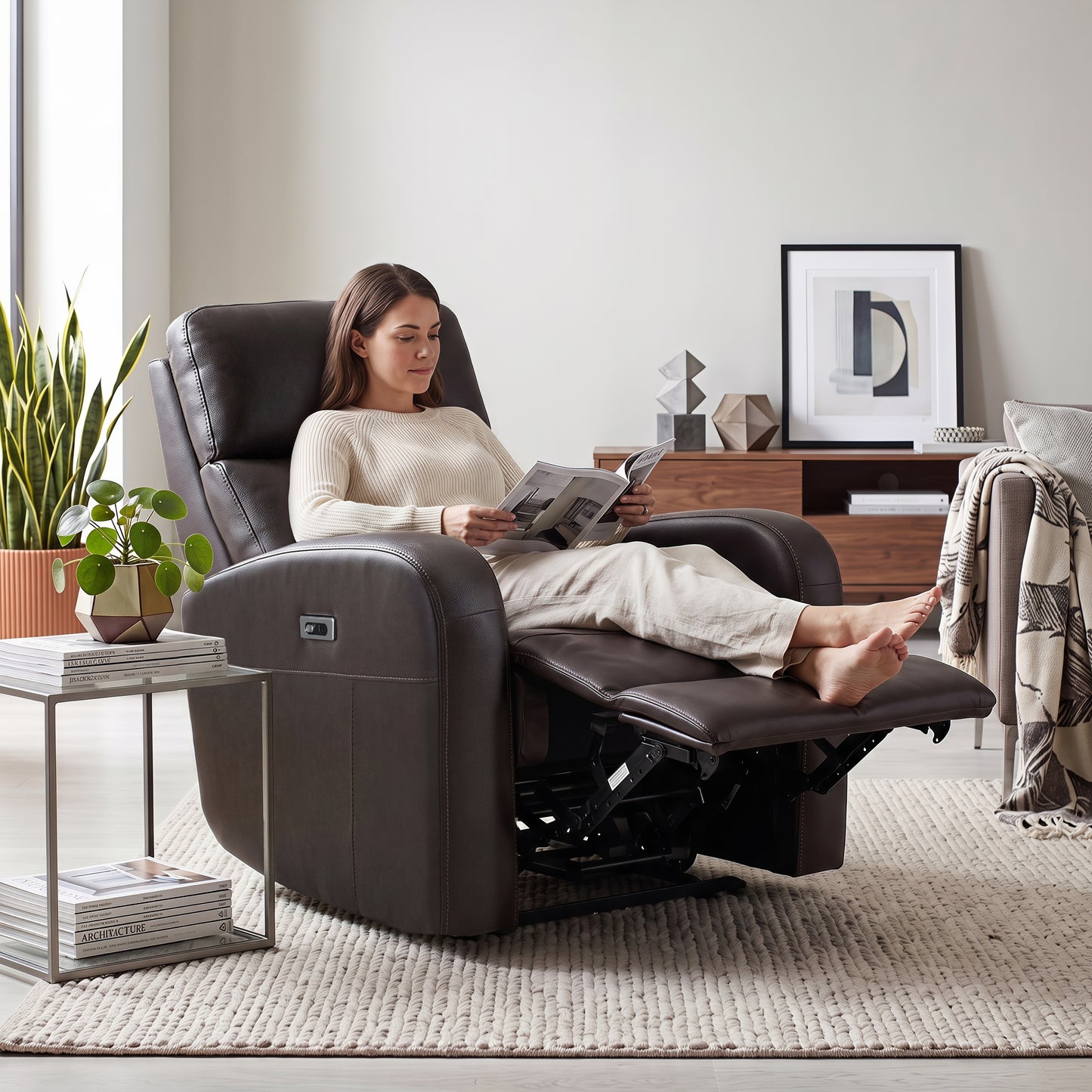 Roundhill Furniture Noah Leather Power Recliner Chair with Charging Port, One-Touch Electric Reclining Armchair