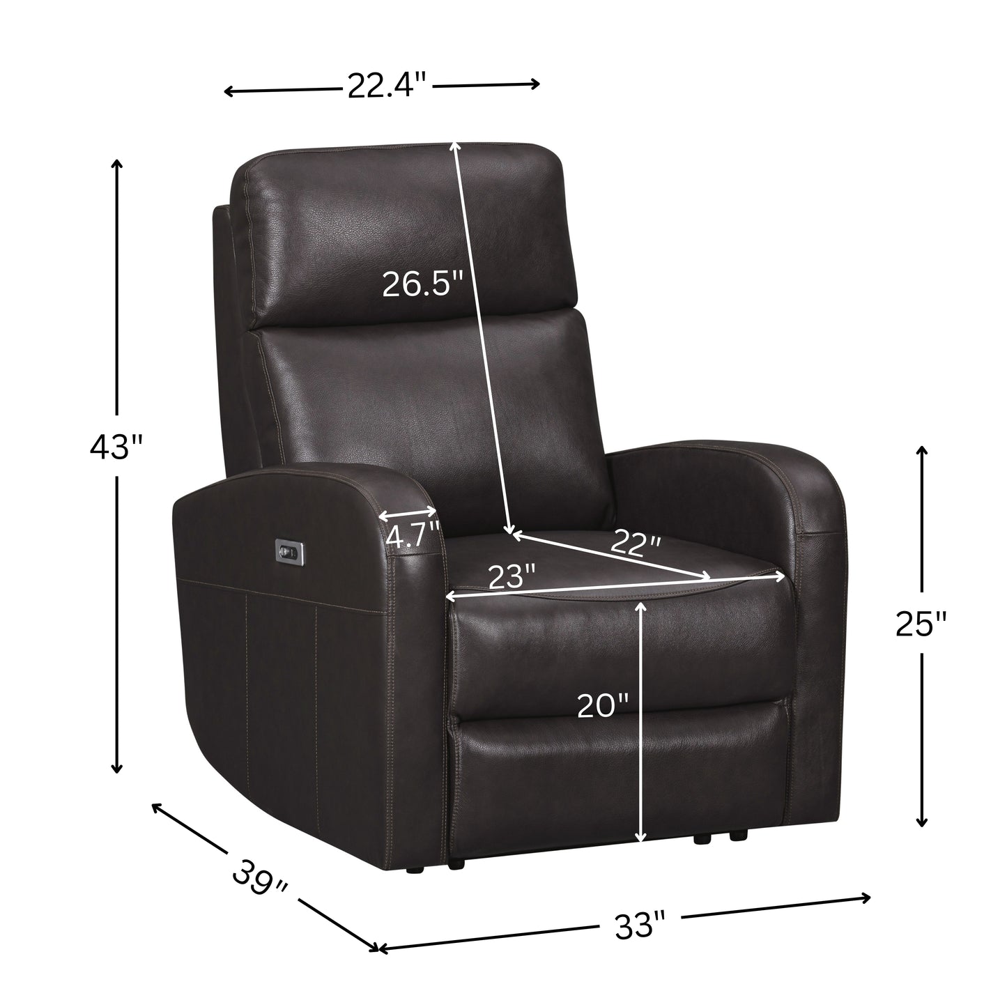Roundhill Furniture Noah Leather Power Recliner Chair with Charging Port, One-Touch Electric Reclining Armchair