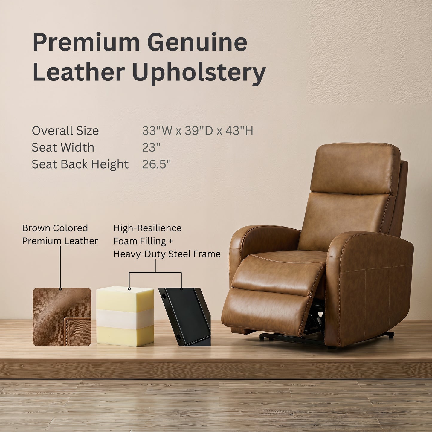 Roundhill Furniture Noah Leather Power Recliner Chair with Charging Port, One-Touch Electric Reclining Armchair