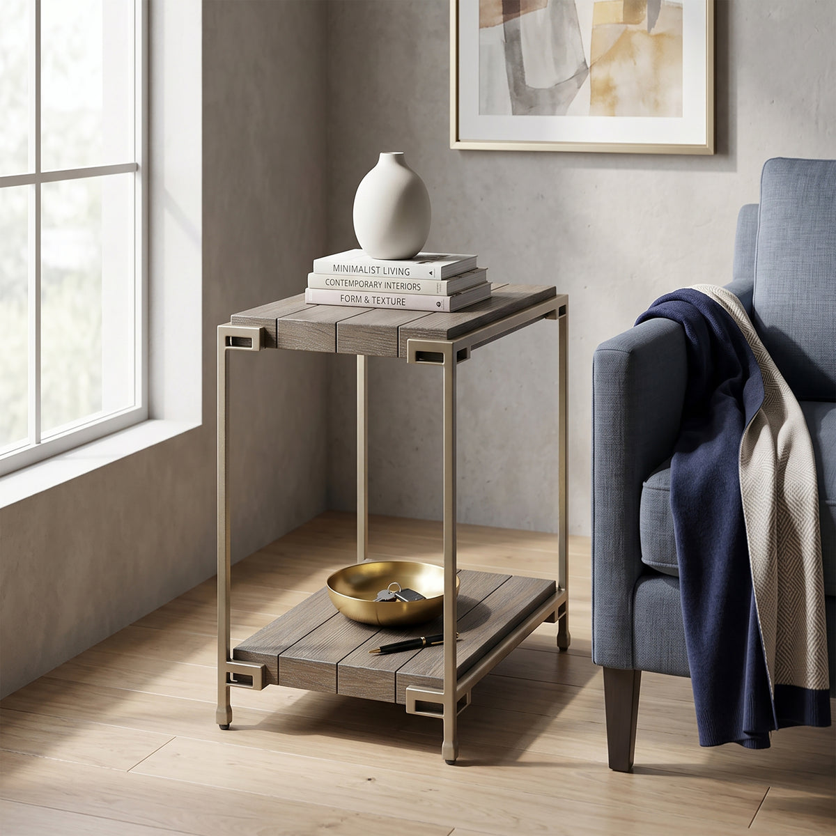 Roundhill Furniture Corbeta Metal Frame Wood Living Room Chairside Table with Shelf, Aged Graphite