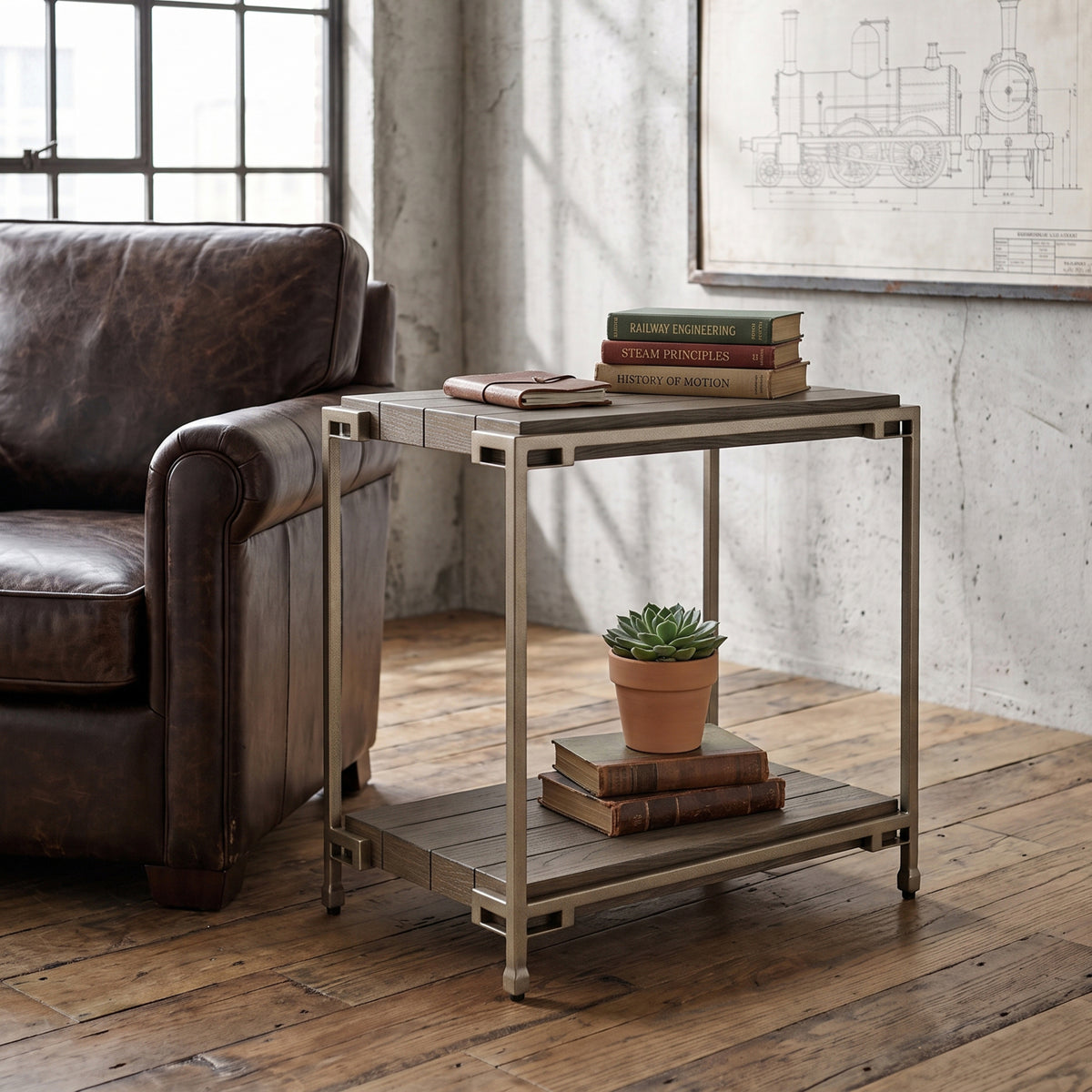 Roundhill Furniture Corbeta Metal Frame Wood Living Room Chairside Table with Shelf, Aged Graphite