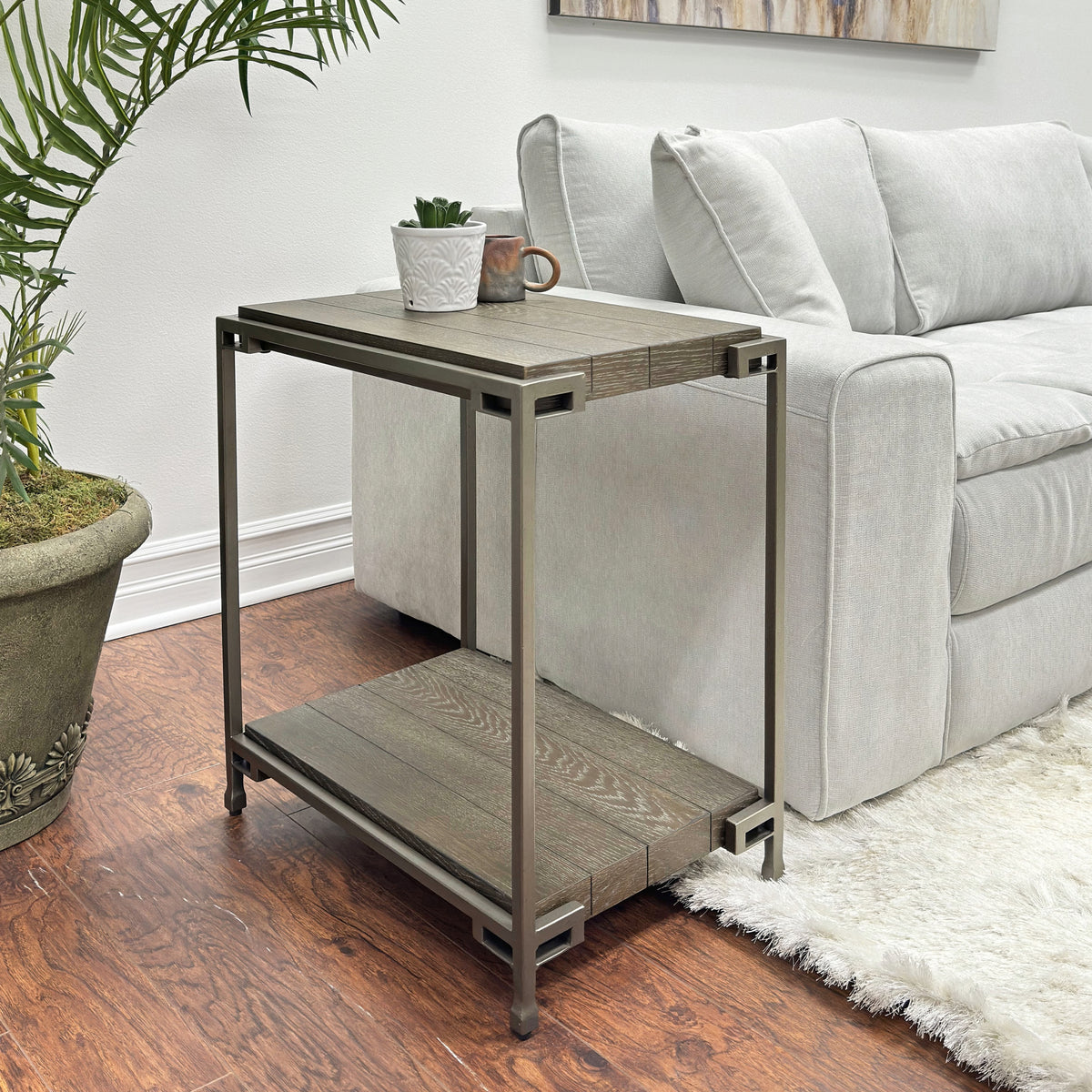 Roundhill Furniture Corbeta Metal Frame Wood Living Room Chairside Table with Shelf, Aged Graphite