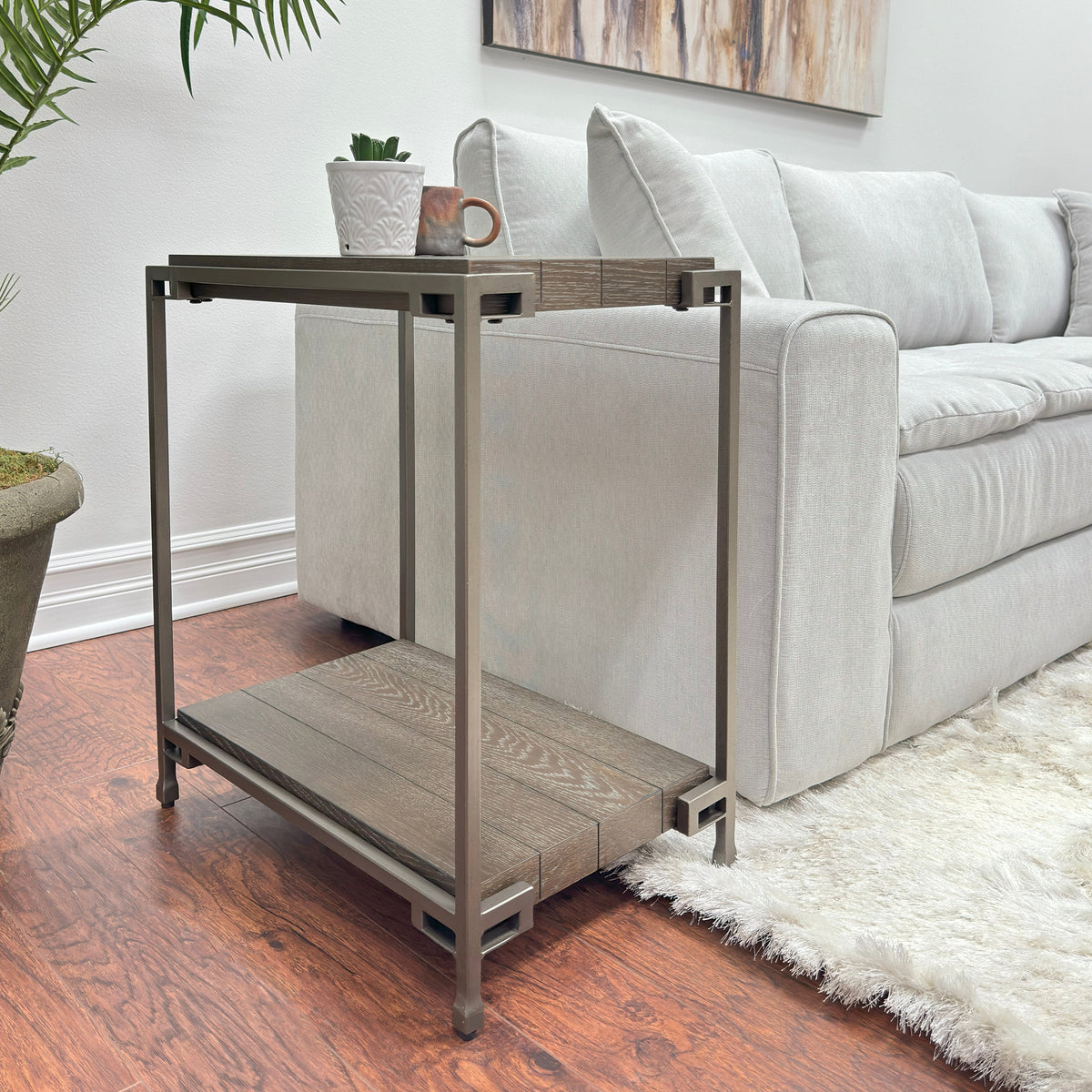 Roundhill Furniture Corbeta Metal Frame Wood Living Room Chairside Table with Shelf, Aged Graphite