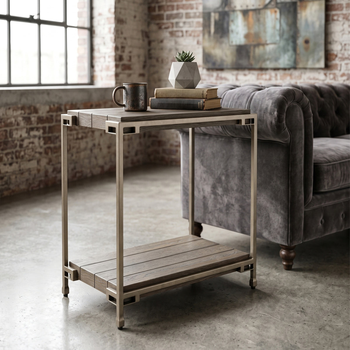 Roundhill Furniture Corbeta Metal Frame Wood Living Room Chairside Table with Shelf, Aged Graphite