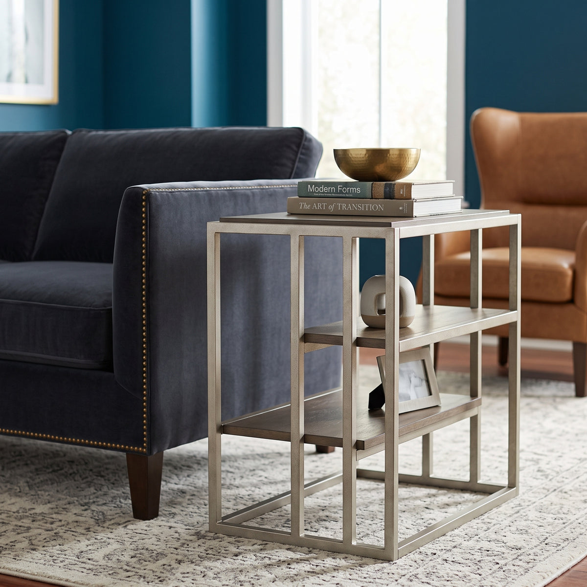 Roundhill Furniture Padena Metal Frame Wood Living Room Chairside Table with Shelf