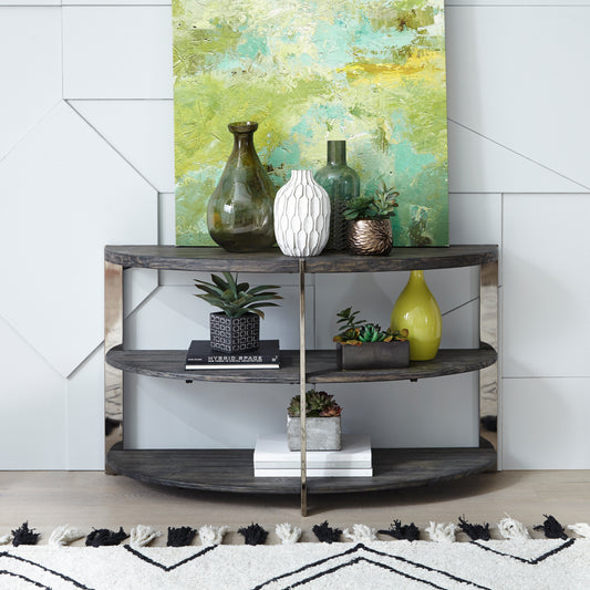 Roundhill Furniture Kalne Console Table Half Moon Shape with 2 Open Shelves, Charcoal Gray/Chrome Plated Metal