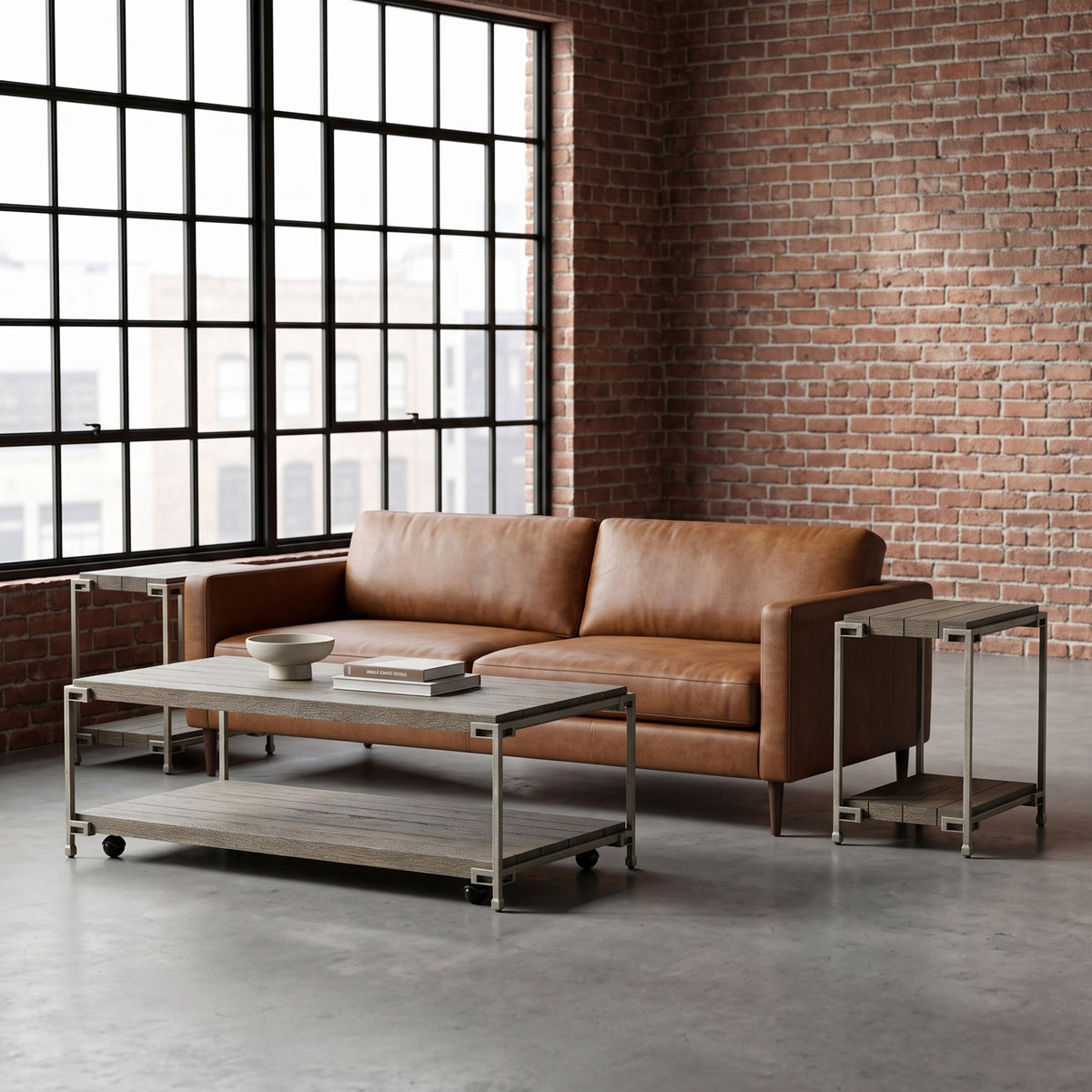 Roundhill Furniture Corbeta 3-Piece Metal Frame Wood Living Room Coffee Table and 2 Chairside Tables Set, Aged Graphite