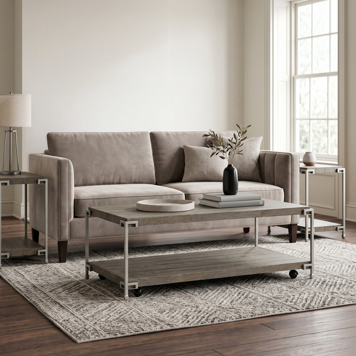 Roundhill Furniture Corbeta 3-Piece Metal Frame Wood Living Room Coffee Table and 2 Chairside Tables Set, Aged Graphite