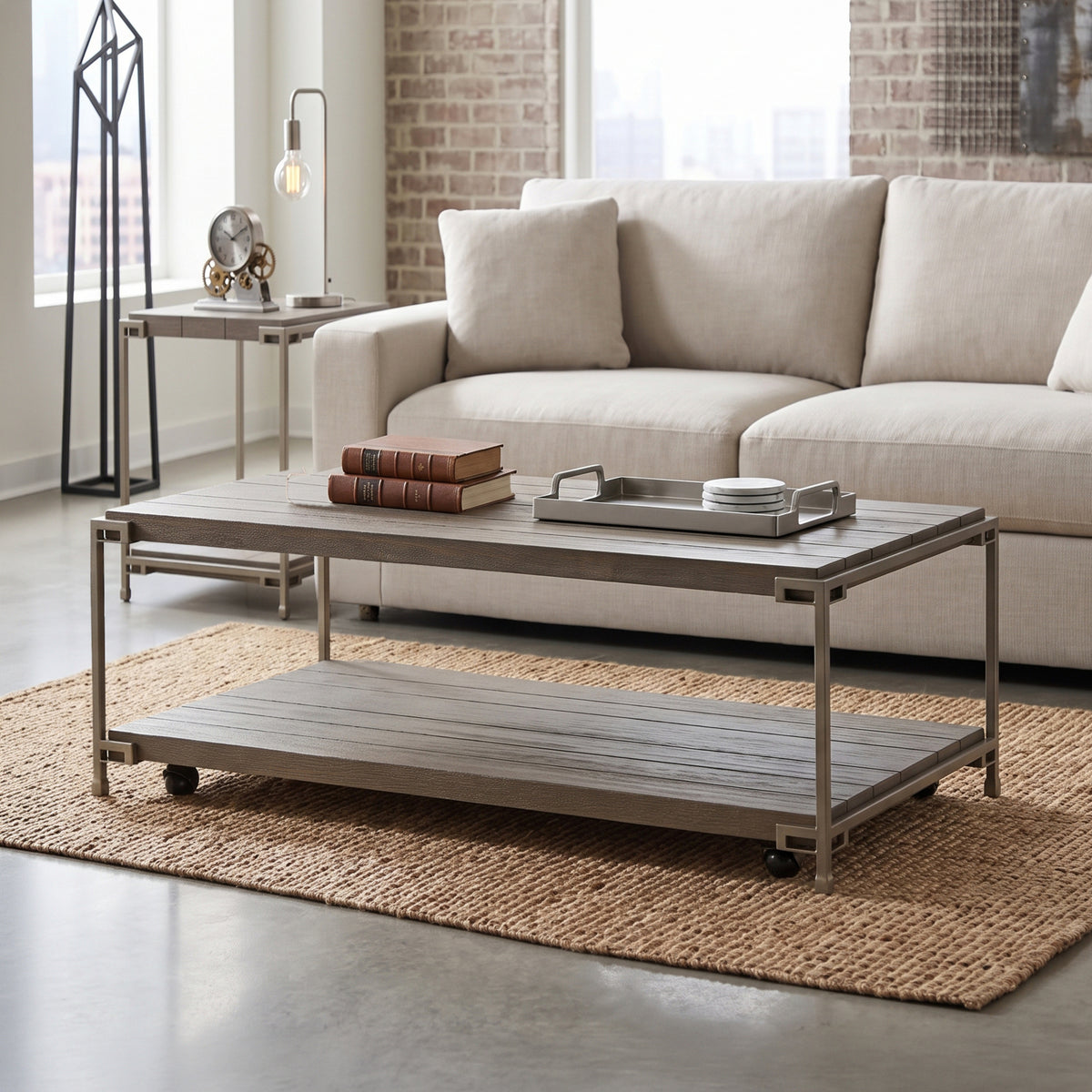 Roundhill Furniture Corbeta 3-Piece Metal Frame Wood Living Room Coffee Table and 2 Chairside Tables Set, Aged Graphite