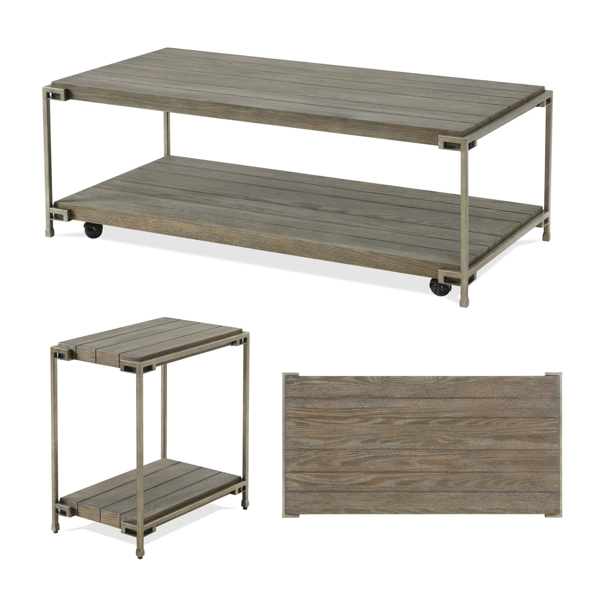 Roundhill Furniture Corbeta 3-Piece Metal Frame Wood Living Room Coffee Table and 2 Chairside Tables Set, Aged Graphite