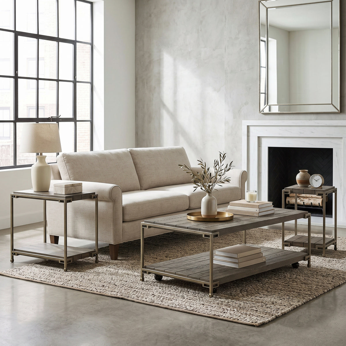 Roundhill Furniture Corbeta 3-Piece Metal Frame Wood Living Room Coffee Table and 2 Chairside Tables Set, Aged Graphite
