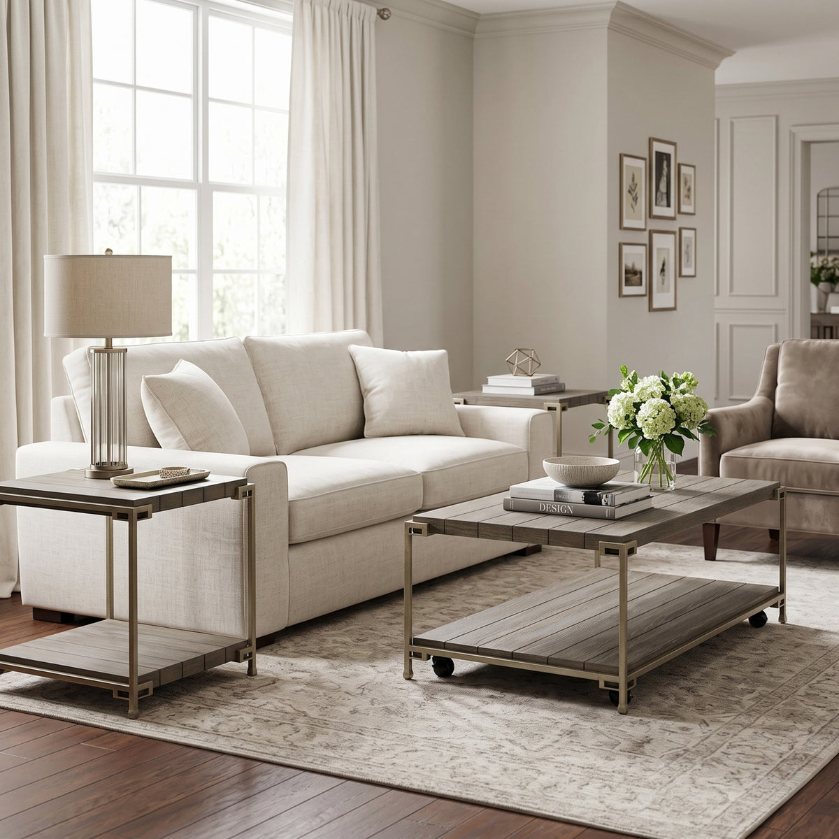 Roundhill Furniture Corbeta 3-Piece Metal Frame Wood Living Room Coffee Table and 2 End Tables Set, Aged Graphite