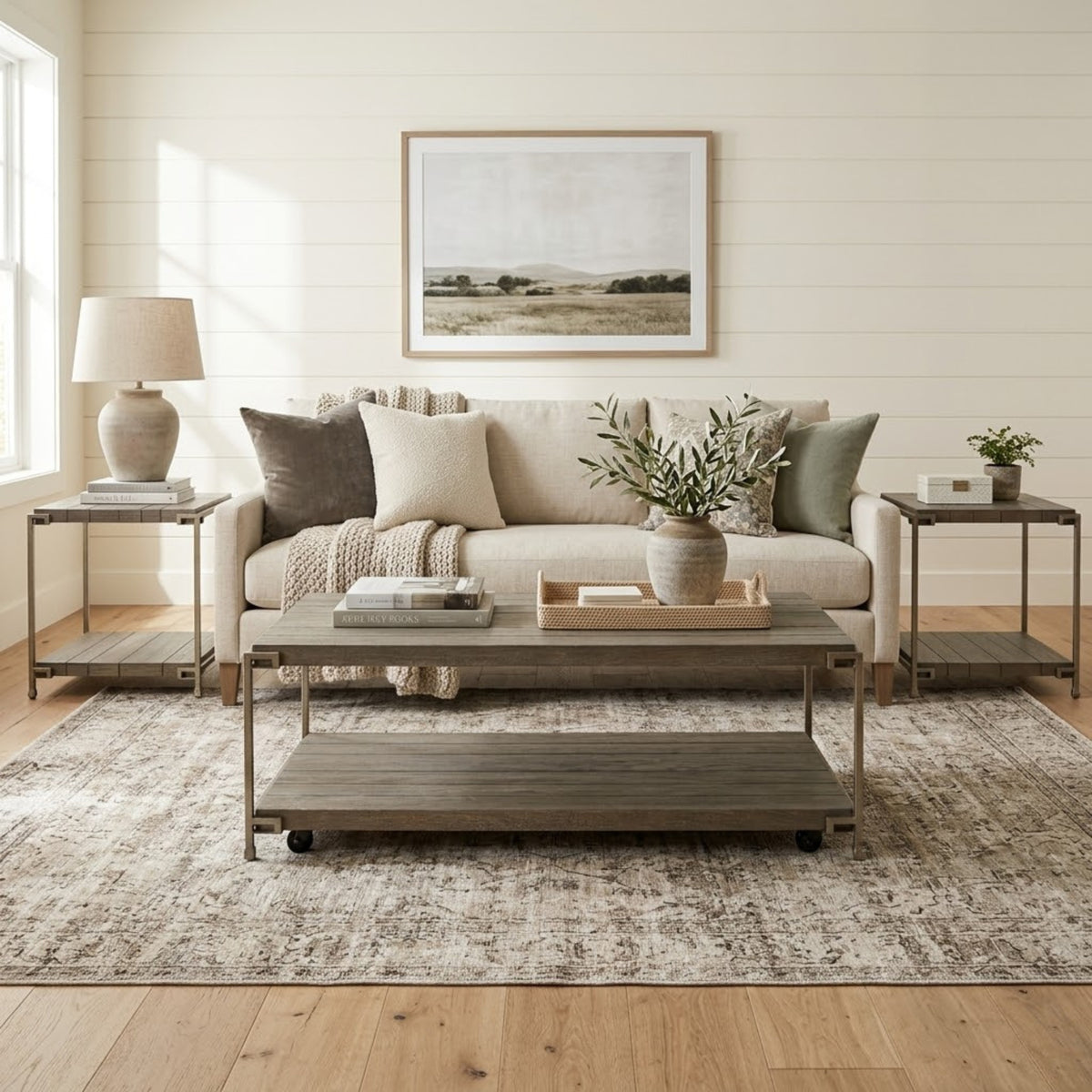 Roundhill Furniture Corbeta 3-Piece Metal Frame Wood Living Room Coffee Table and 2 End Tables Set, Aged Graphite