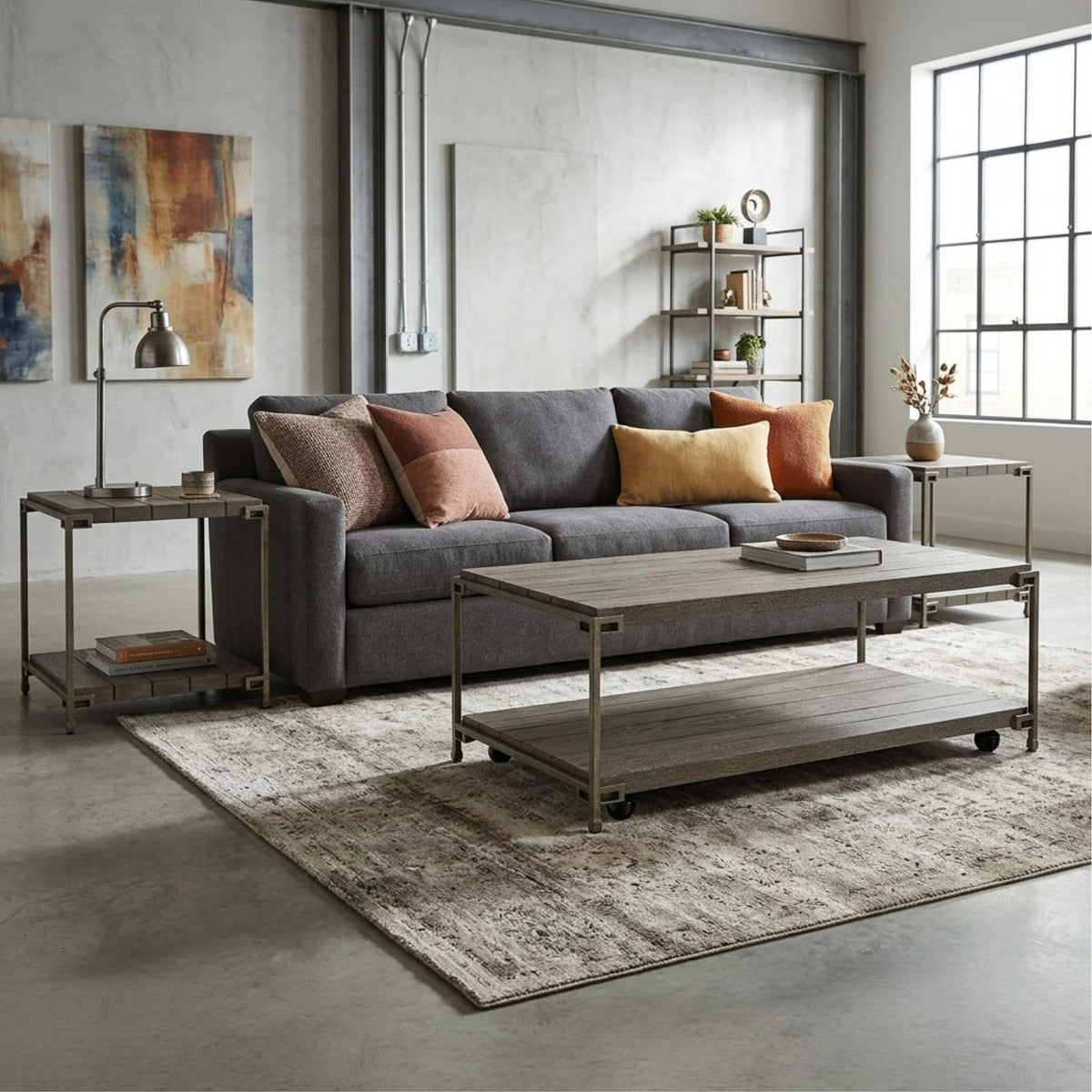 Roundhill Furniture Corbeta 3-Piece Metal Frame Wood Living Room Coffee Table and 2 End Tables Set, Aged Graphite