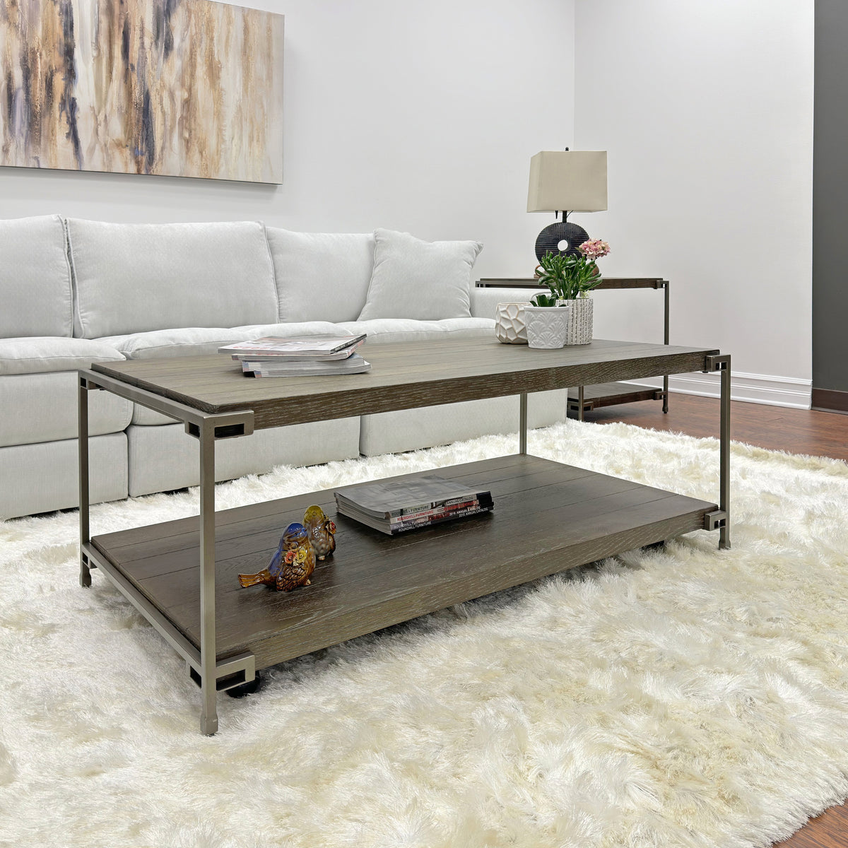 Roundhill Furniture Corbeta 3-Piece Metal Frame Wood Living Room Coffee Table and 2 End Tables Set, Aged Graphite