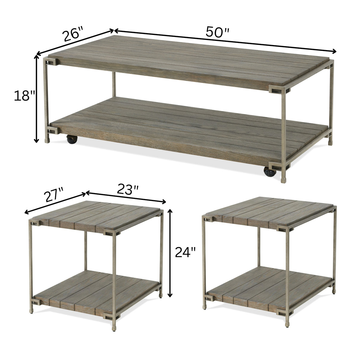 Roundhill Furniture Corbeta 3-Piece Metal Frame Wood Living Room Coffee Table and 2 End Tables Set, Aged Graphite