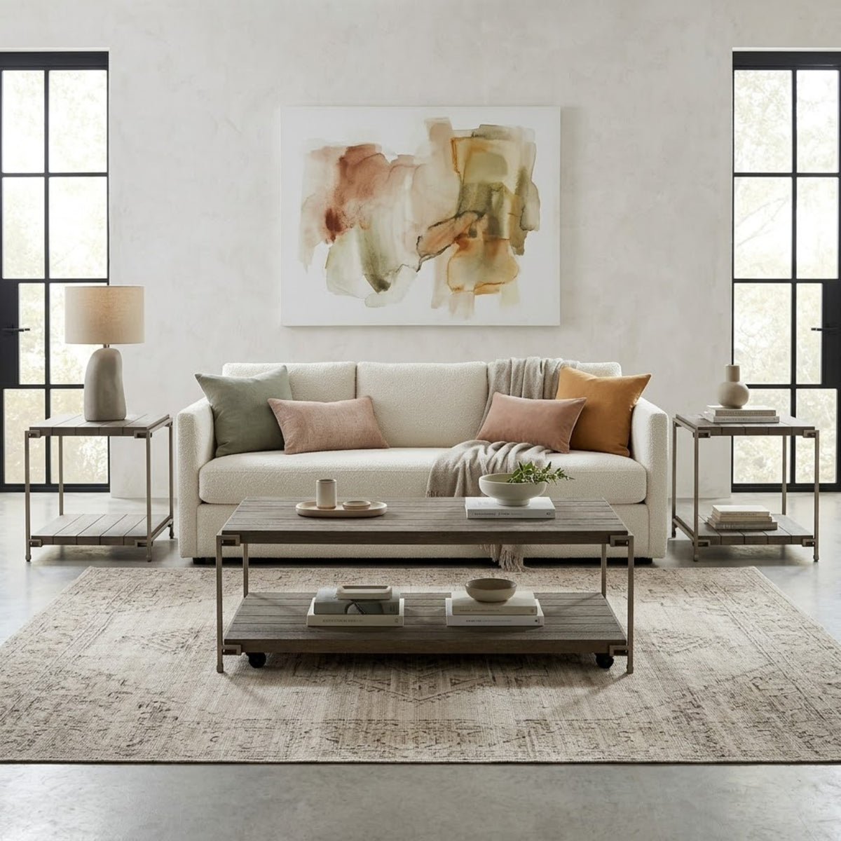 Roundhill Furniture Corbeta 3-Piece Metal Frame Wood Living Room Coffee Table and 2 End Tables Set, Aged Graphite