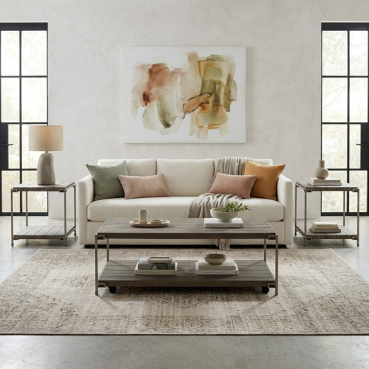 Roundhill Furniture Corbeta 3-Piece Metal Frame Wood Living Room Coffee Table and 2 End Tables Set, Aged Graphite