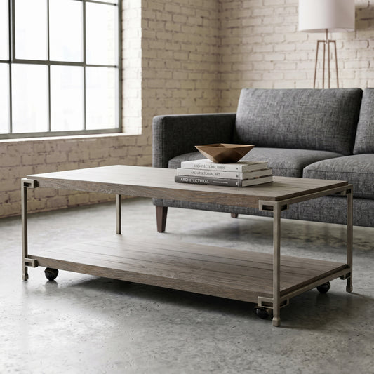 Roundhill Furniture Corbeta Metal Frame Wood Living Room Coffee Table with Casters