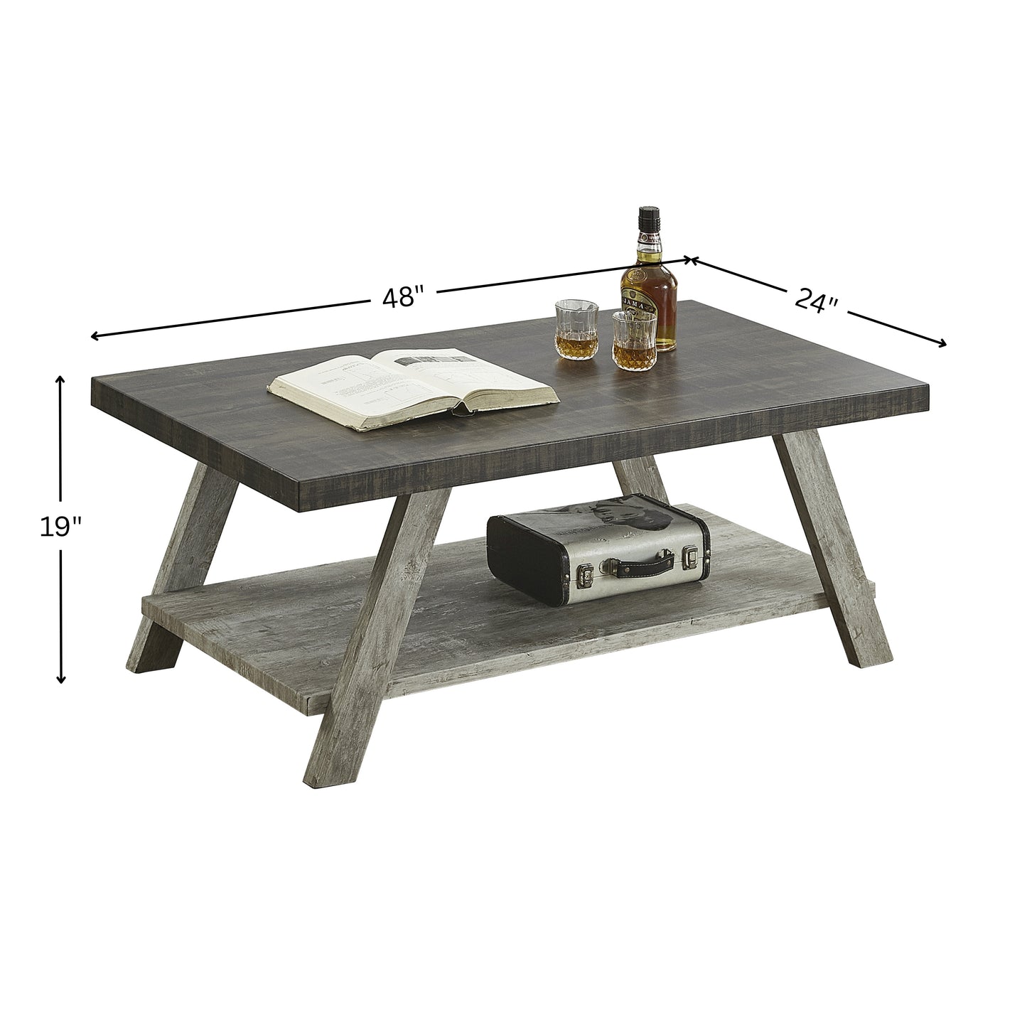 Athens Contemporary Two-Tone Wood Shelf Coffee Table in Weathered Walnut and Gray