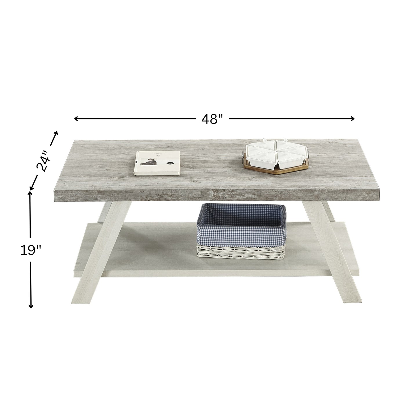 Athens Contemporary Two-Tone Wood Shelf Coffee Table in Weathered Gray and Beige