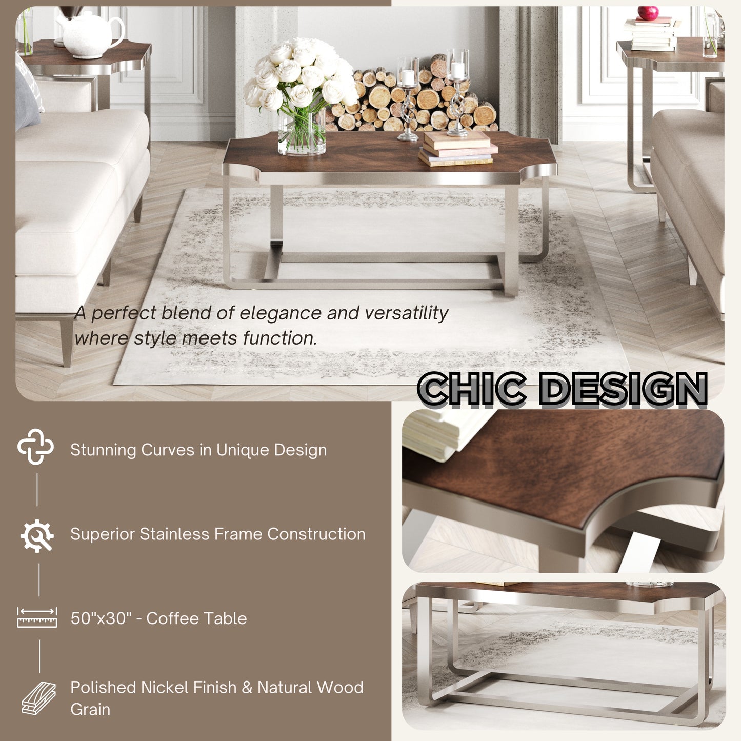 Roundhill Furniture Ruffin 3-Piece Rectangular Coffee Table Set, 50"x30" Coffee Table and Two End Table
