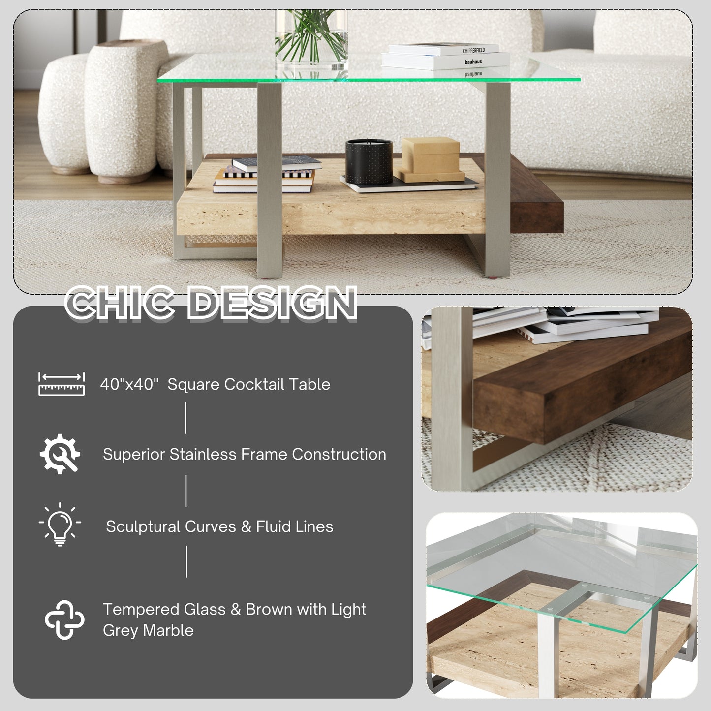 Roundhill Furniture Andes 3-Piece Coffee Table Set, Coffee Table and Two End Table
