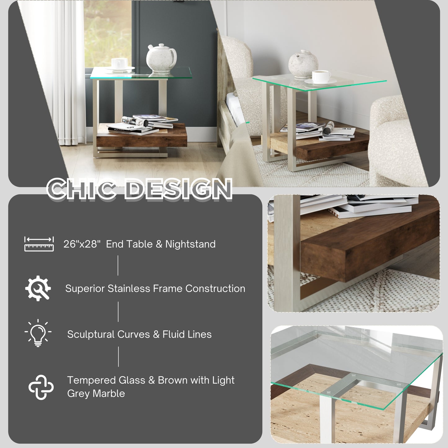 Roundhill Furniture Andes 3-Piece Coffee Table Set, Coffee Table and Two End Table