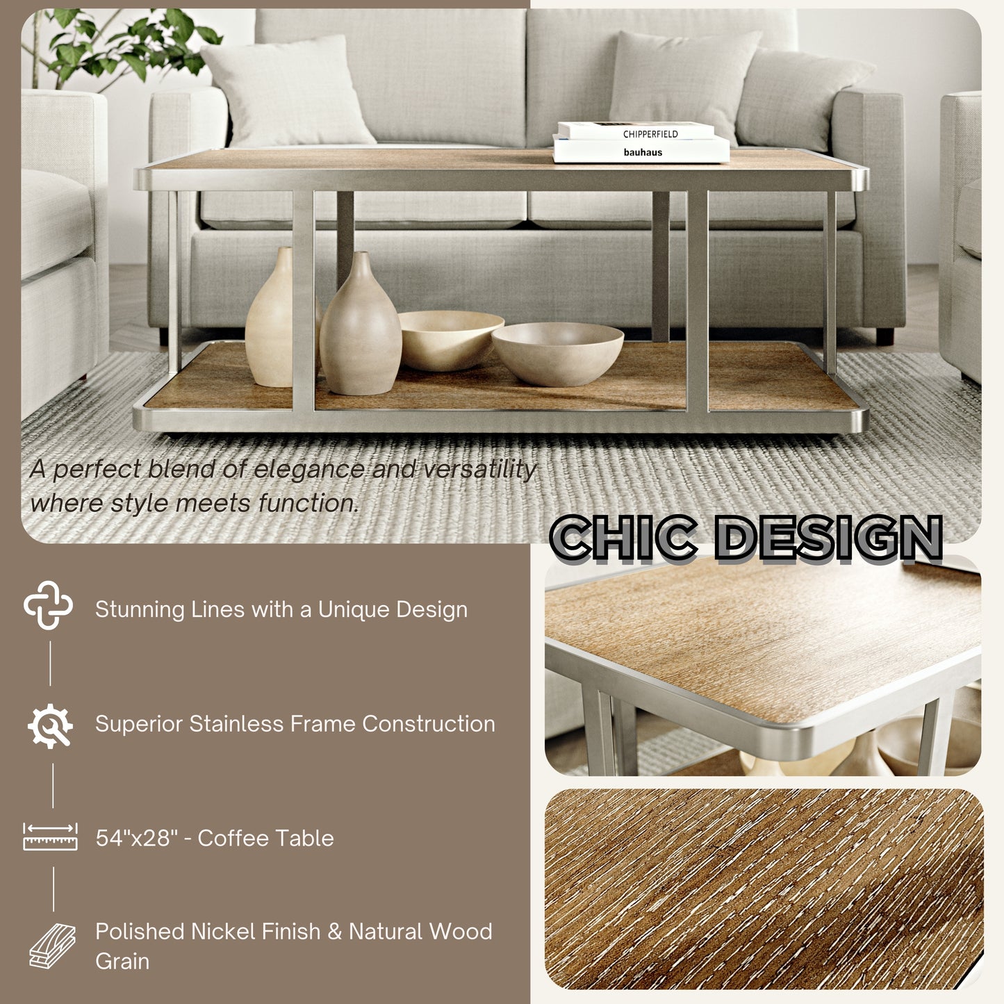 Roundhill Furniture Allan Contemporary Coffee Table, Polished Nickel Finish