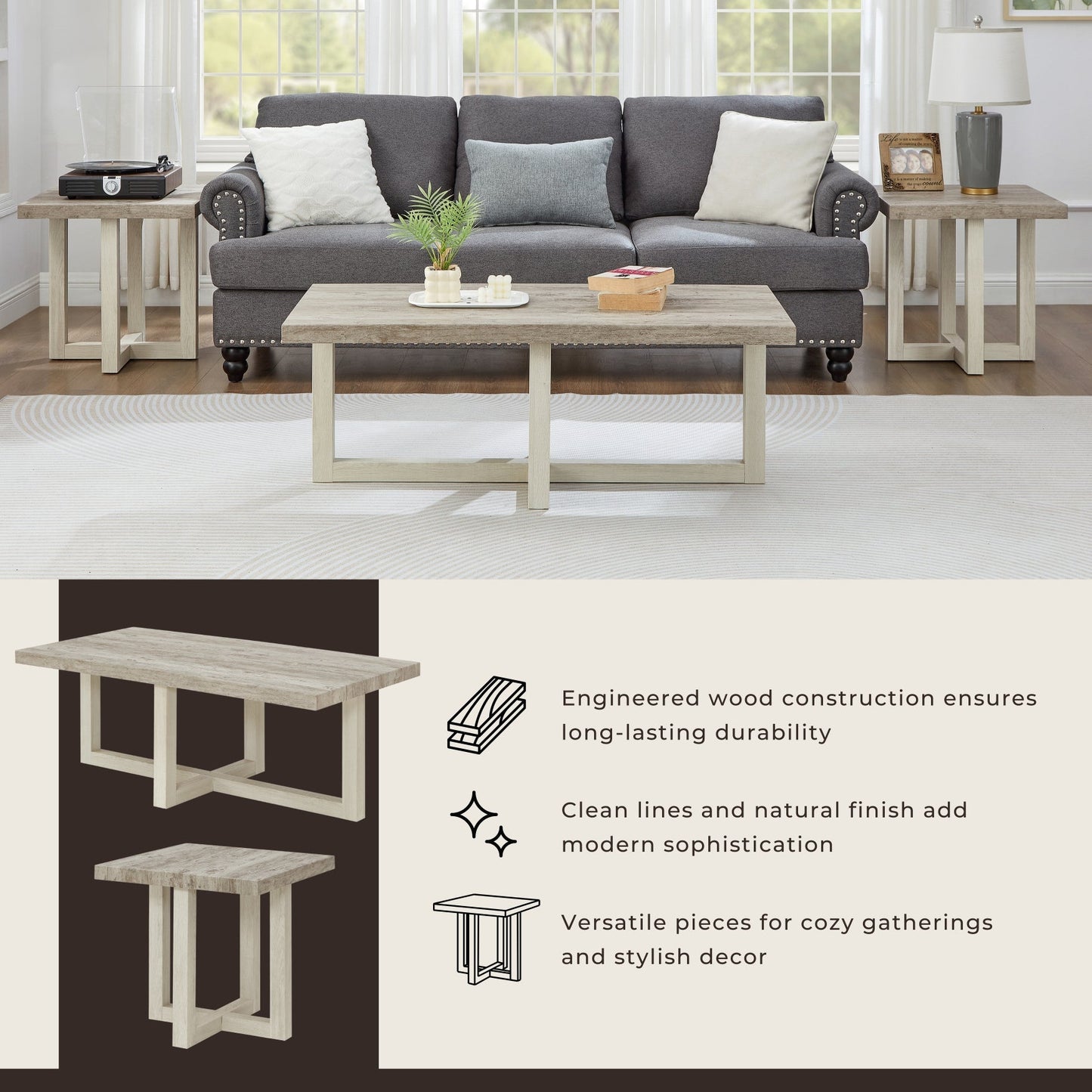 Roundhill Furniture Luno 3-Piece Coffee Table Set, Coffee Table and Two End Tables