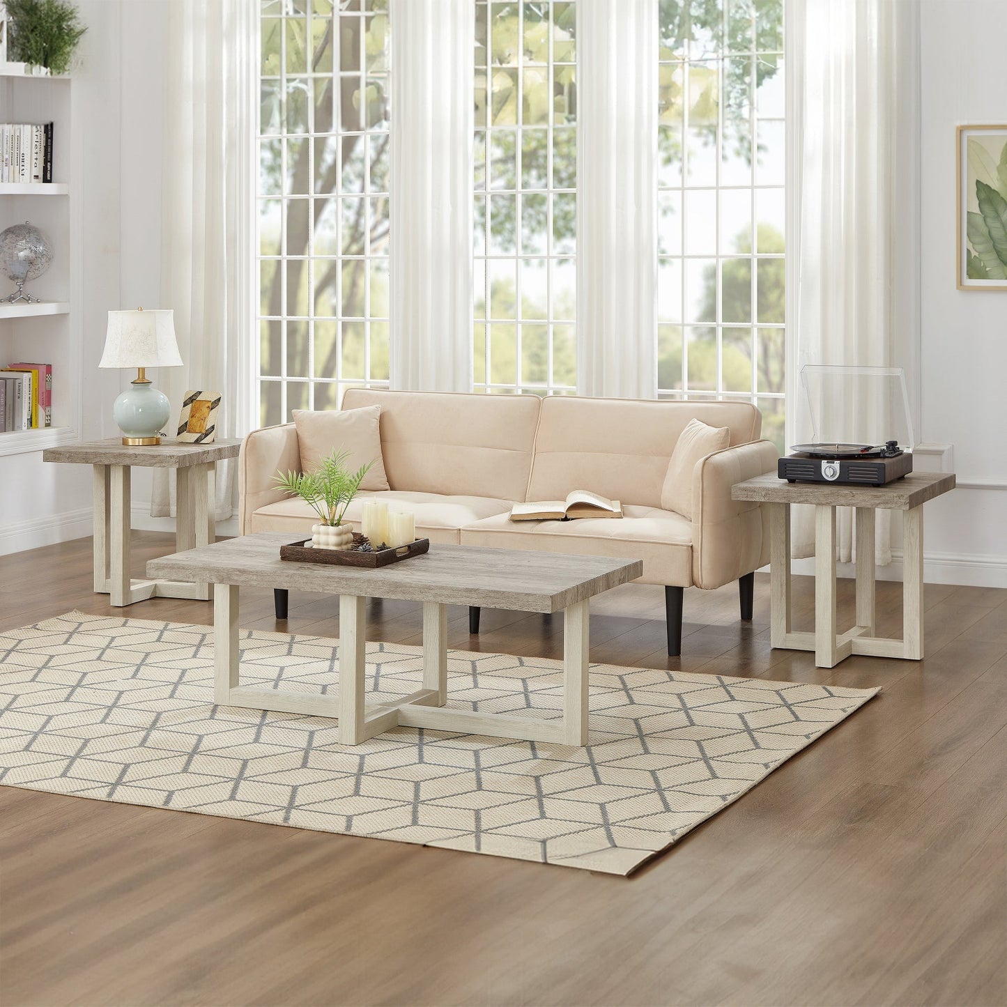 Roundhill Furniture Luno 3-Piece Coffee Table Set, Coffee Table and Two End Tables