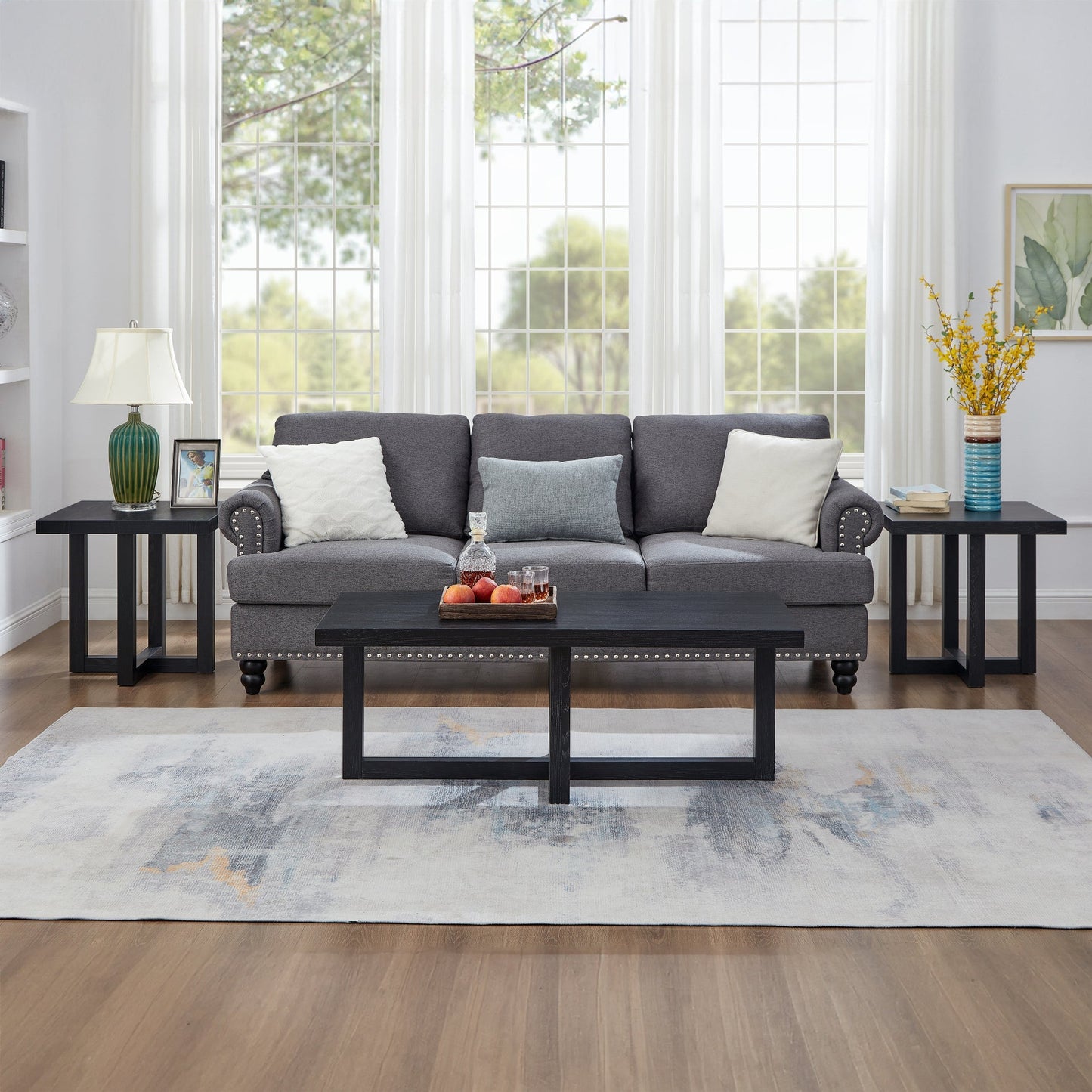 Roundhill Furniture Luno 3-Piece Coffee Table Set, Coffee Table and Two End Tables