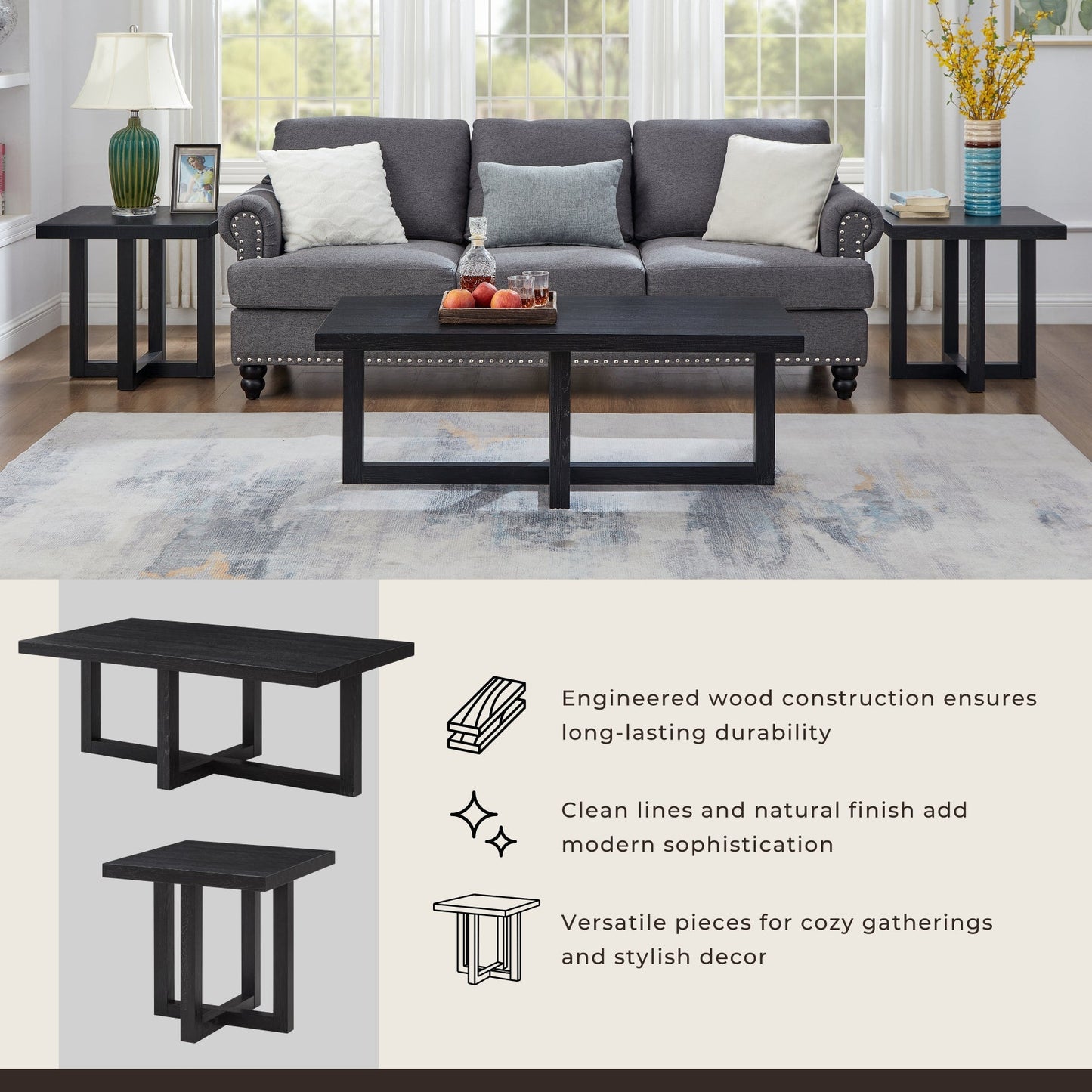 Roundhill Furniture Luno 3-Piece Coffee Table Set, Coffee Table and Two End Tables