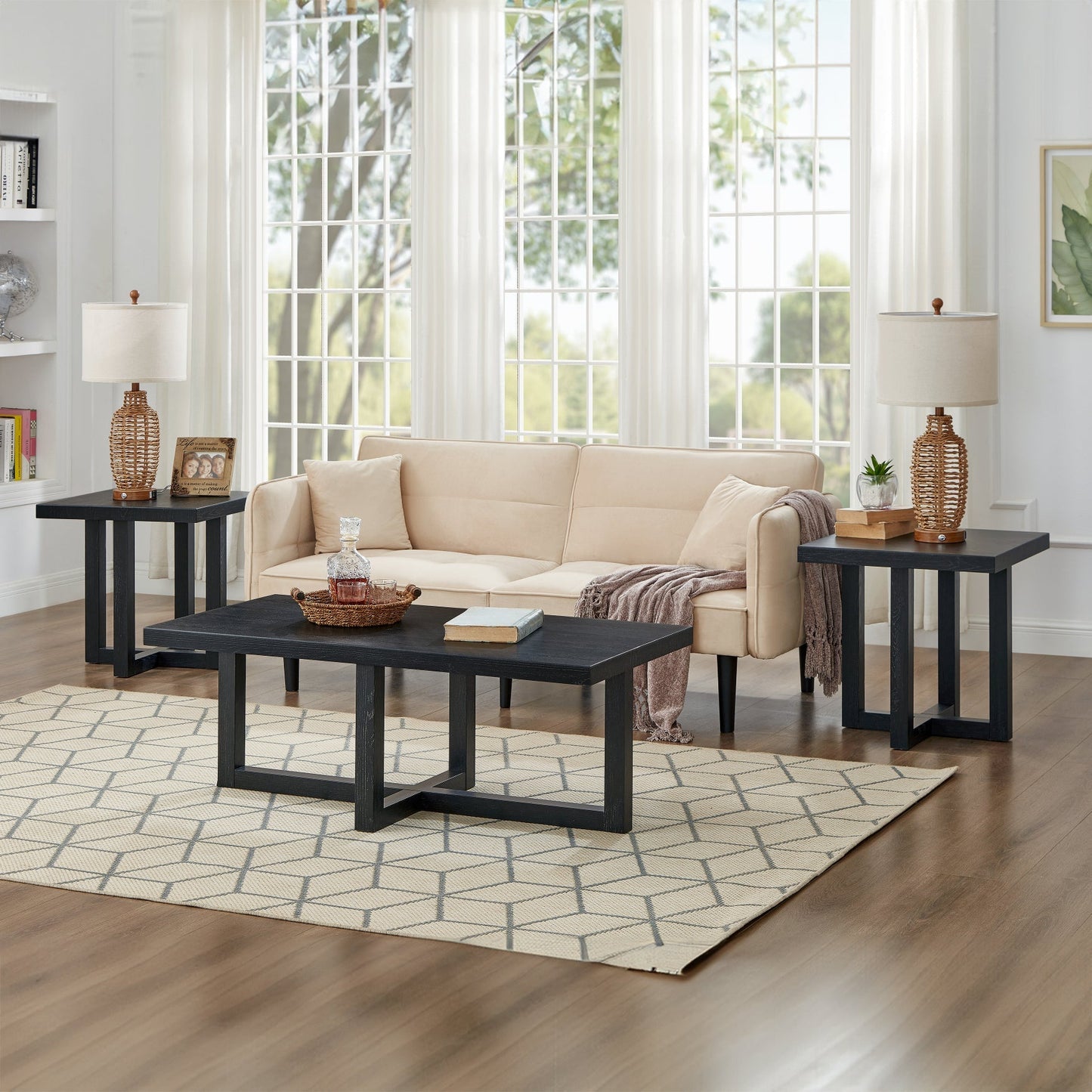 Roundhill Furniture Luno 3-Piece Coffee Table Set, Coffee Table and Two End Tables