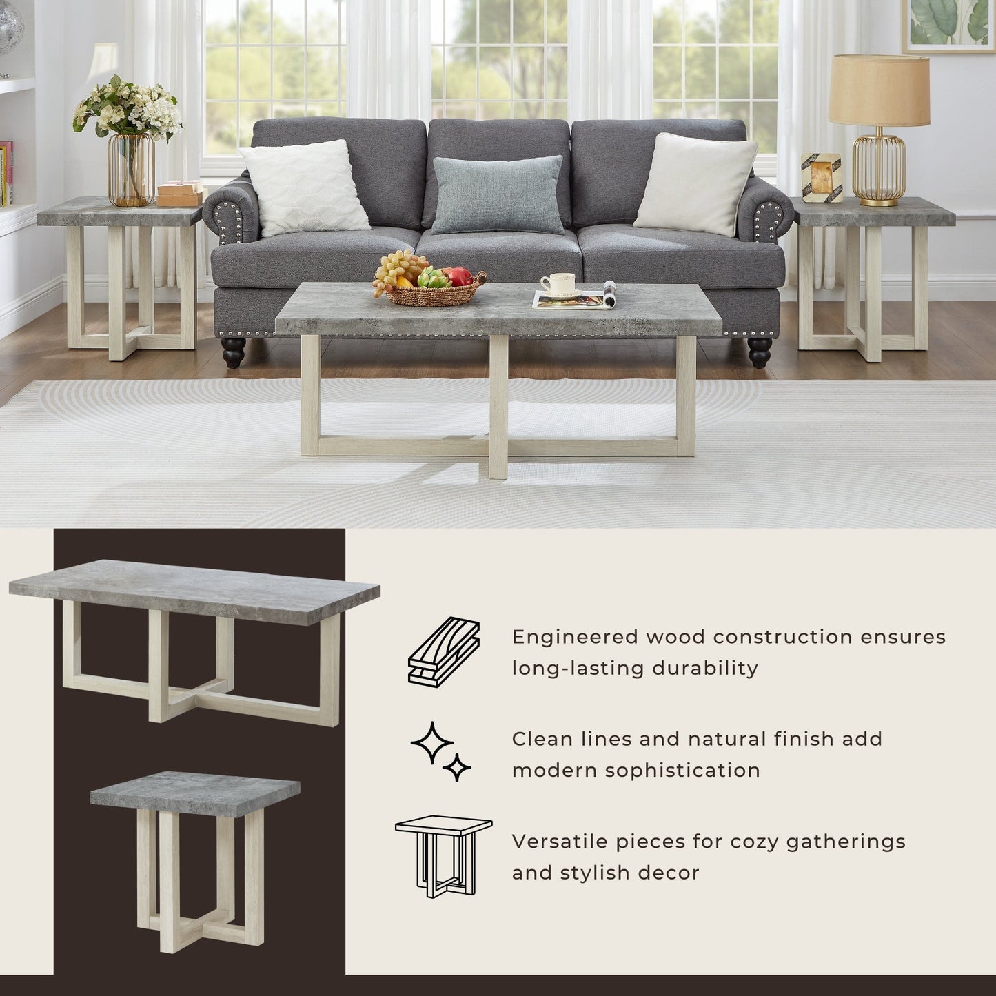 Roundhill Furniture Luno 3-Piece Coffee Table Set, Coffee Table and Two End Tables