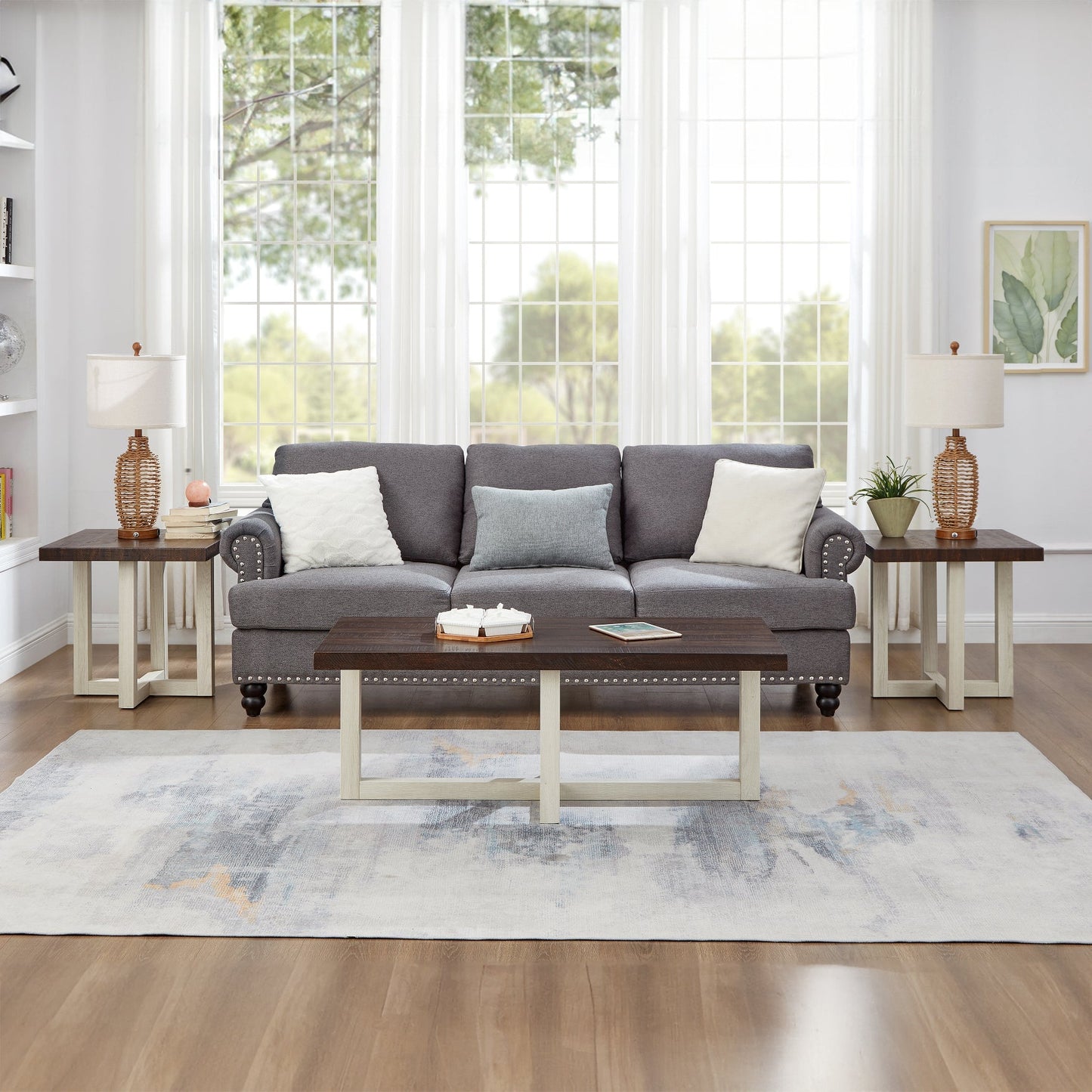 Roundhill Furniture Luno 3-Piece Coffee Table Set, Coffee Table and Two End Tables