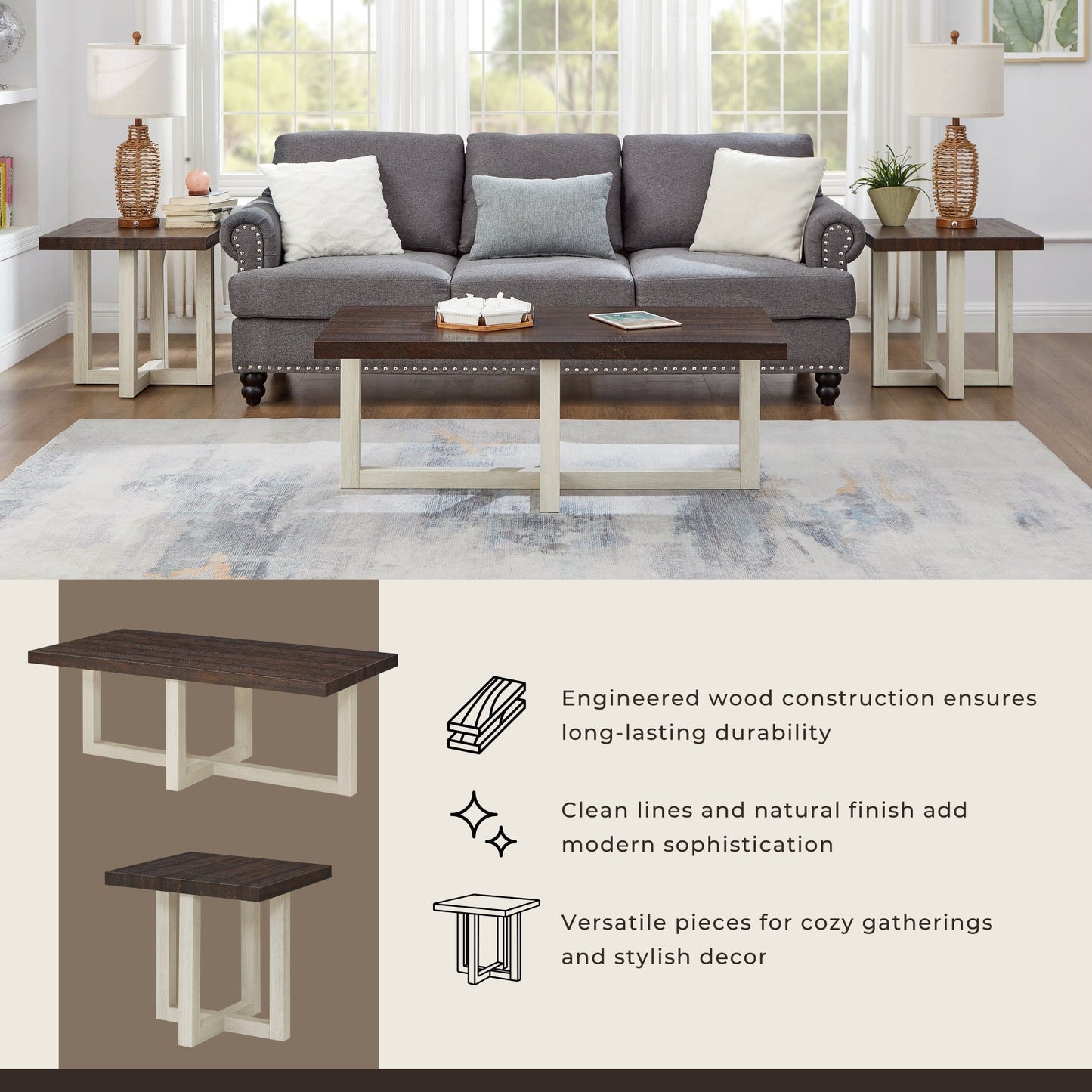 Roundhill Furniture Luno 3-Piece Coffee Table Set, Coffee Table and Two End Tables