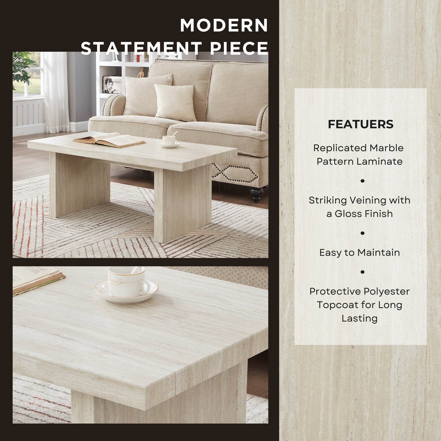 Tabner Cavira 3-Piece Faux Marble Coffee Table Set