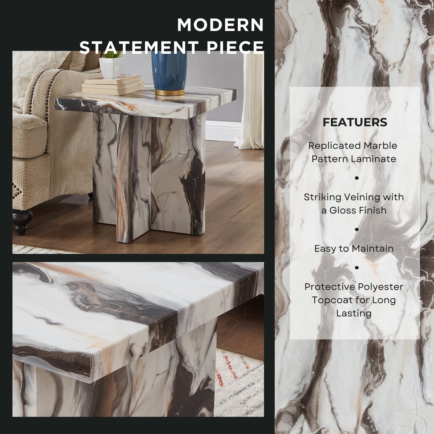 Tabner Cavira 3-Piece Faux Marble Coffee Table Set