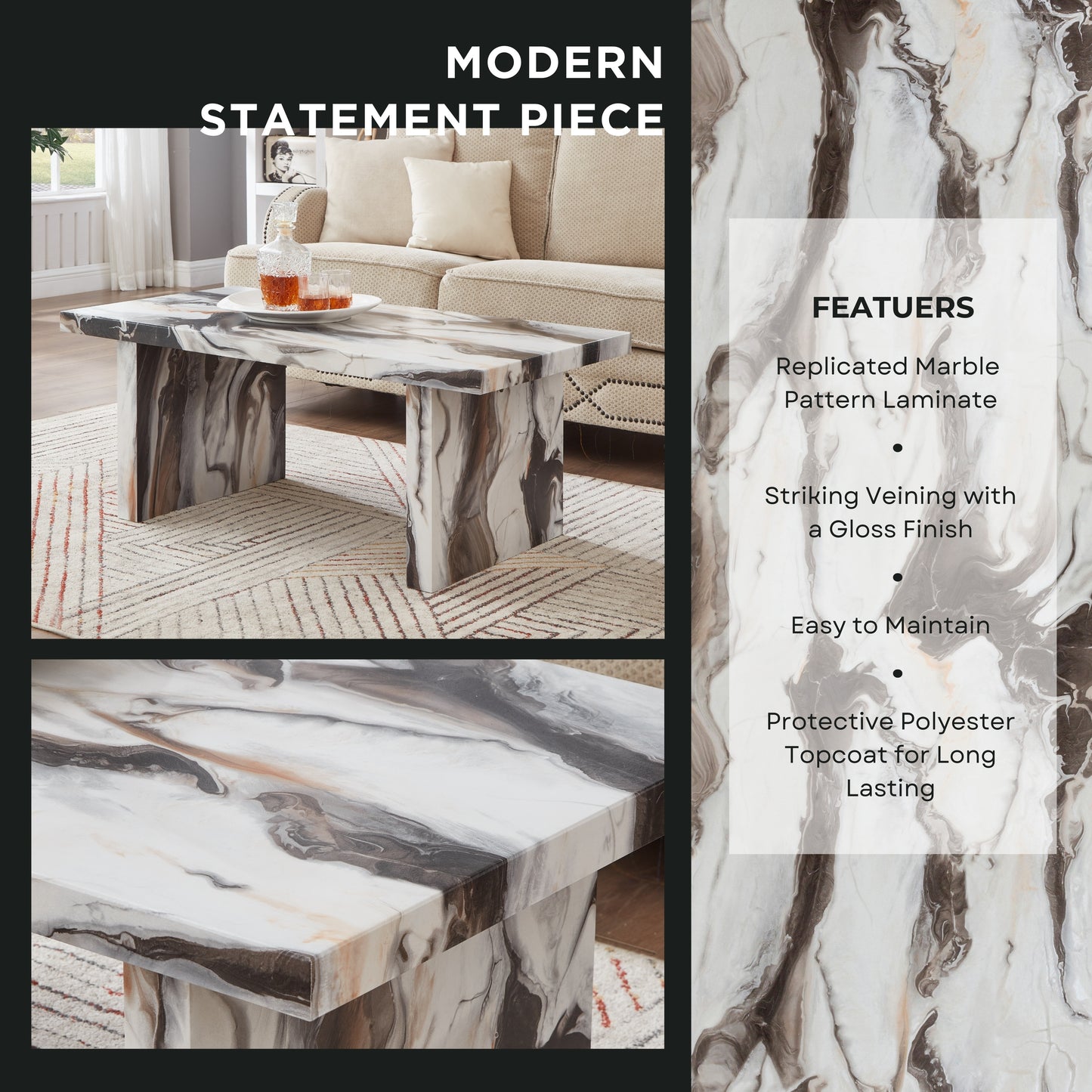 Tabner Cavira 3-Piece Faux Marble Coffee Table Set