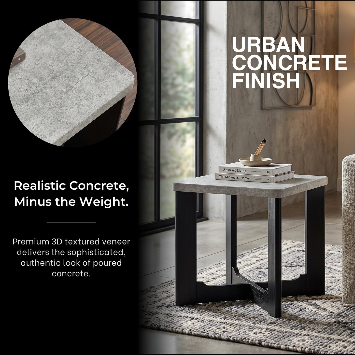 Roundhill Furniture Levitus Modern 3-Piece Square Coffee Table Set, Faux Concrete Tabletop with Black Wood Grain Finish