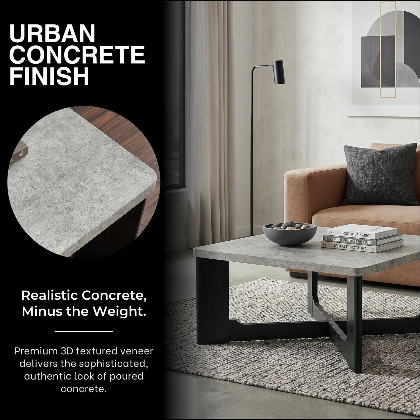 Roundhill Furniture Levitus Modern 3-Piece Square Coffee Table Set, Faux Concrete Tabletop with Black Wood Grain Finish