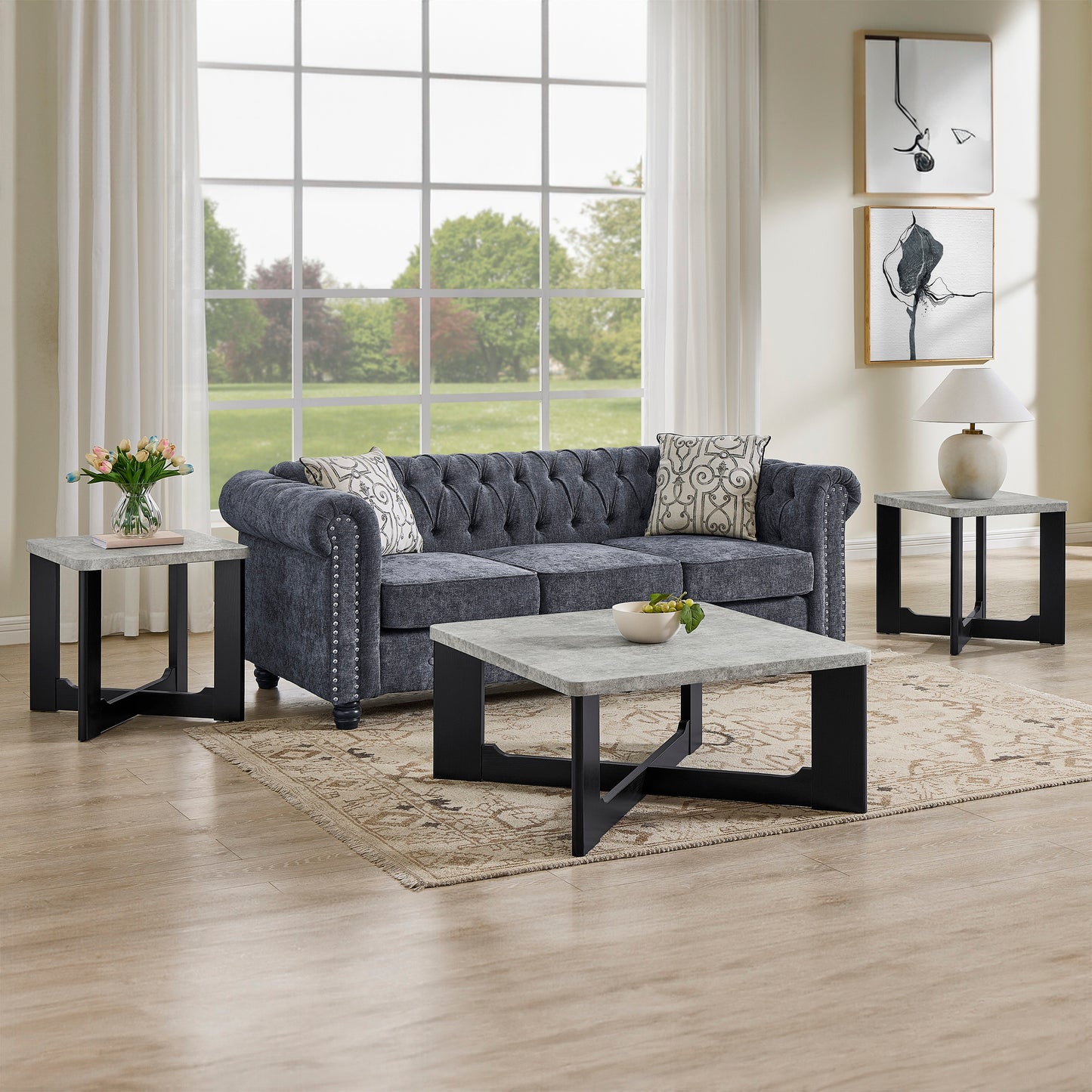 Roundhill Furniture Levitus Modern 3-Piece Square Coffee Table Set, Faux Concrete Tabletop with Black Wood Grain Finish
