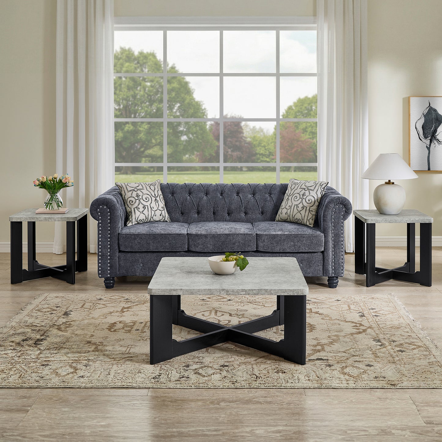 Roundhill Furniture Levitus Modern 3-Piece Square Coffee Table Set, Faux Concrete Tabletop with Black Wood Grain Finish