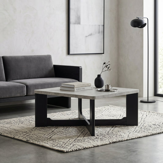 Roundhill Furniture Levitus Modern Square Coffee Table, Faux Concrete Tabletop with Black Wood Grain Finish