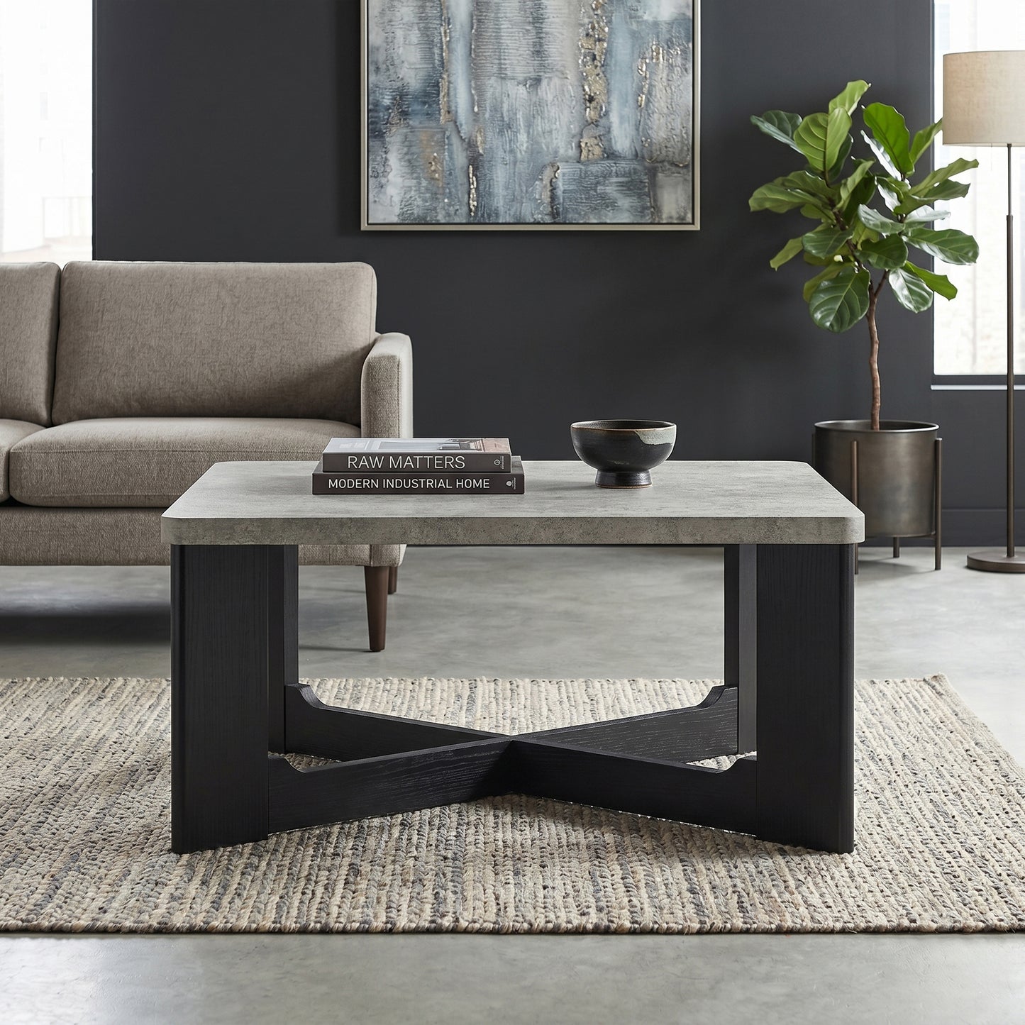 Roundhill Furniture Levitus Modern Square Coffee Table, Faux Concrete Tabletop with Black Wood Grain Finish